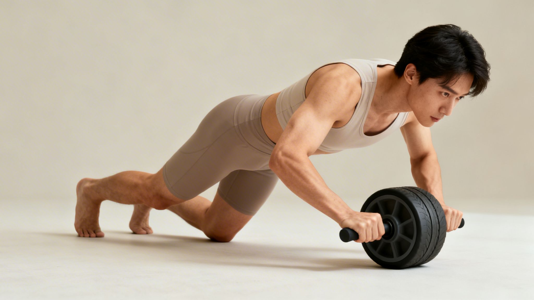 Mężczyzna ćwiczy mięśnie brzucha za pomocą kółka ab rollera na jasnym tle.