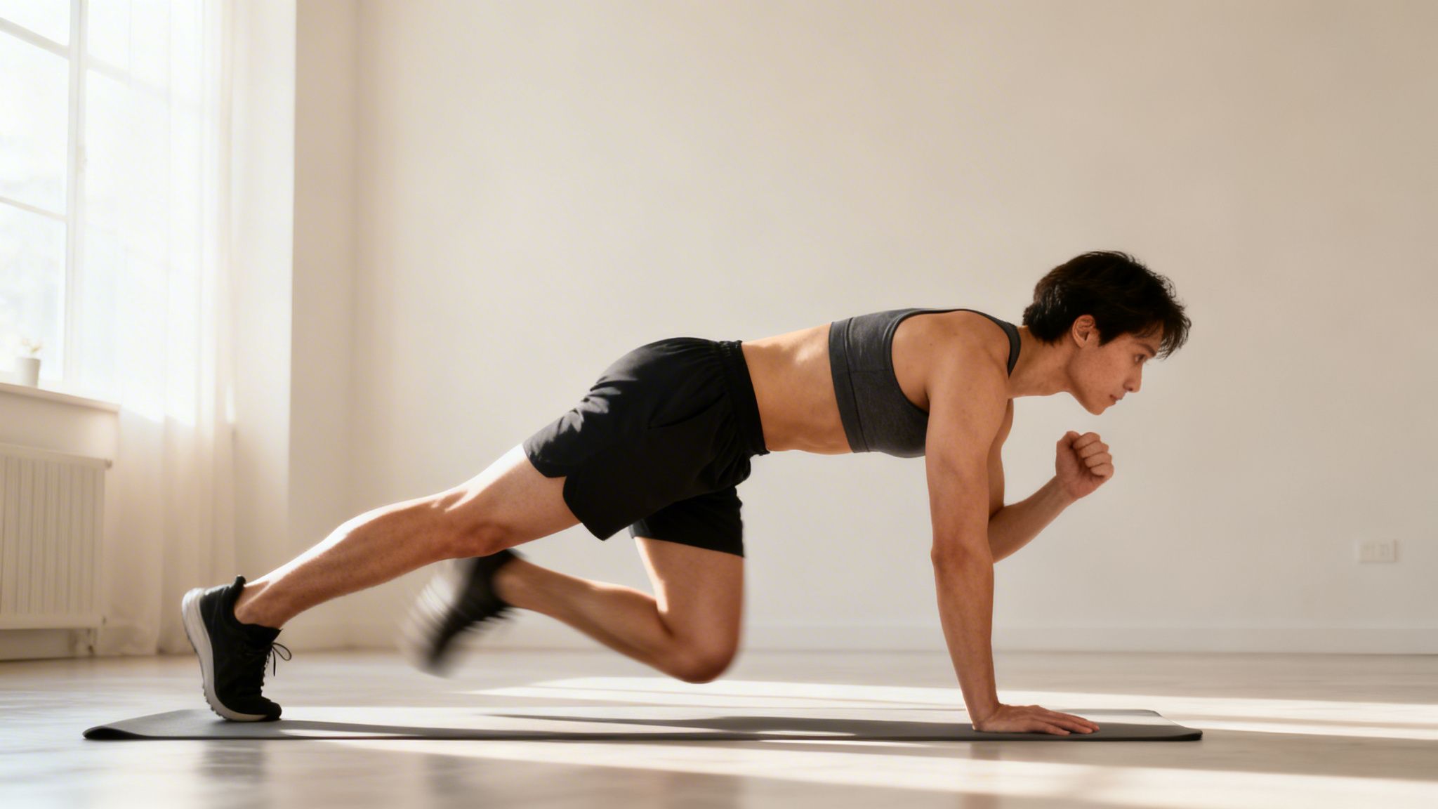 Mężczyzna wykonuje ćwiczenie górskie na macie w jasnym pomieszczeniu, skupiony na treningu.