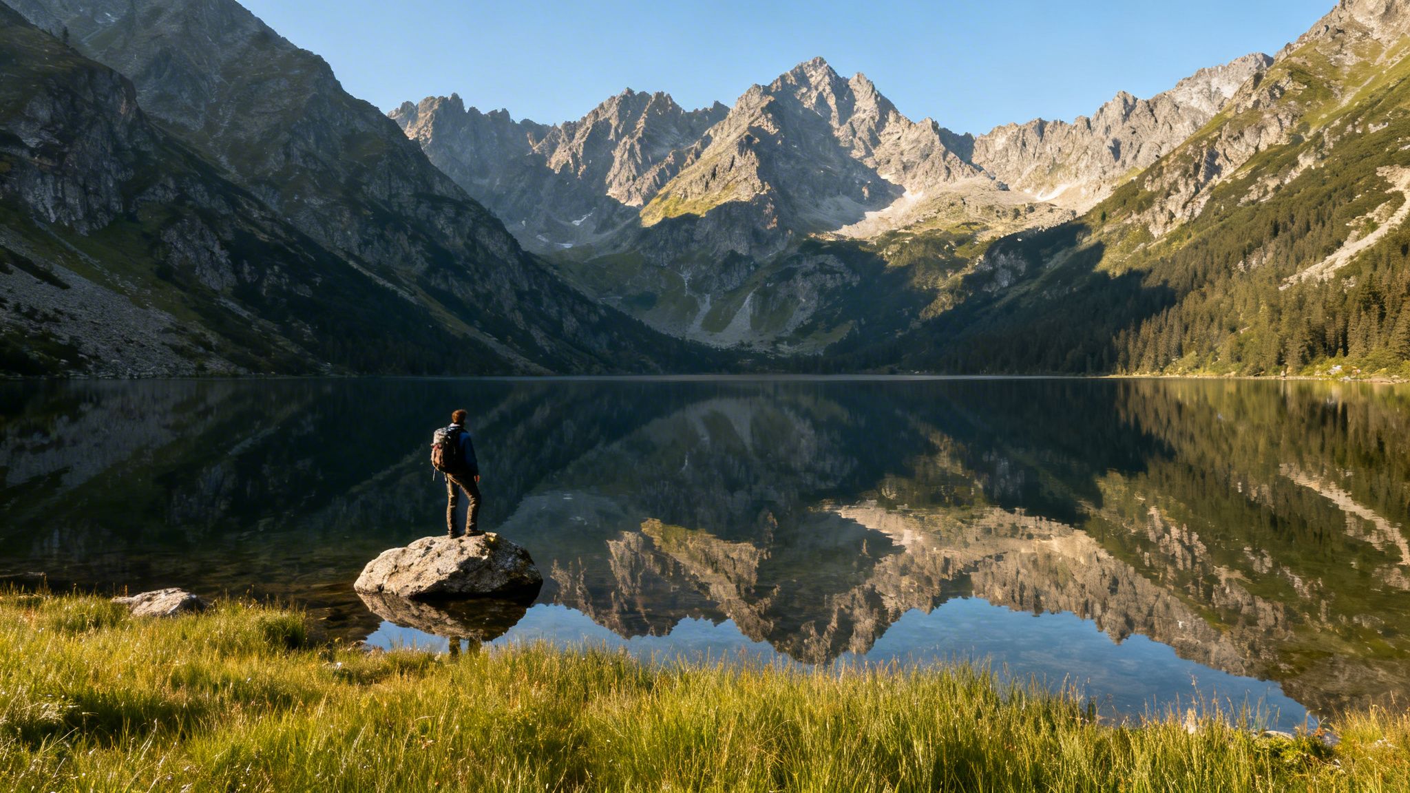 Samotny turysta stoi na kamieniu nad jeziorem, podziwiając odbicie majestatycznych gór w krystaliczniej wodzie.