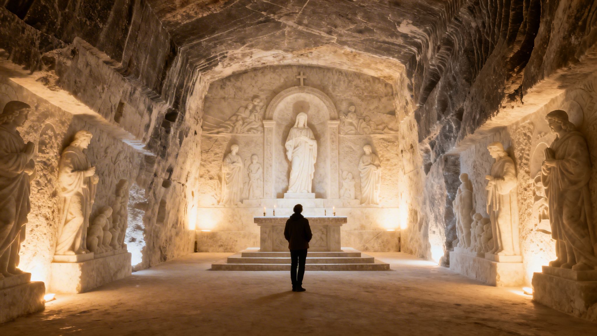 Wnętrze kopalni soli w Wieliczce z rzeźbami solnymi, centralną figurą Matki Boskiej i osobą stojącą. Ciepłe oświetlenie podkreśla majestat miejsca.
