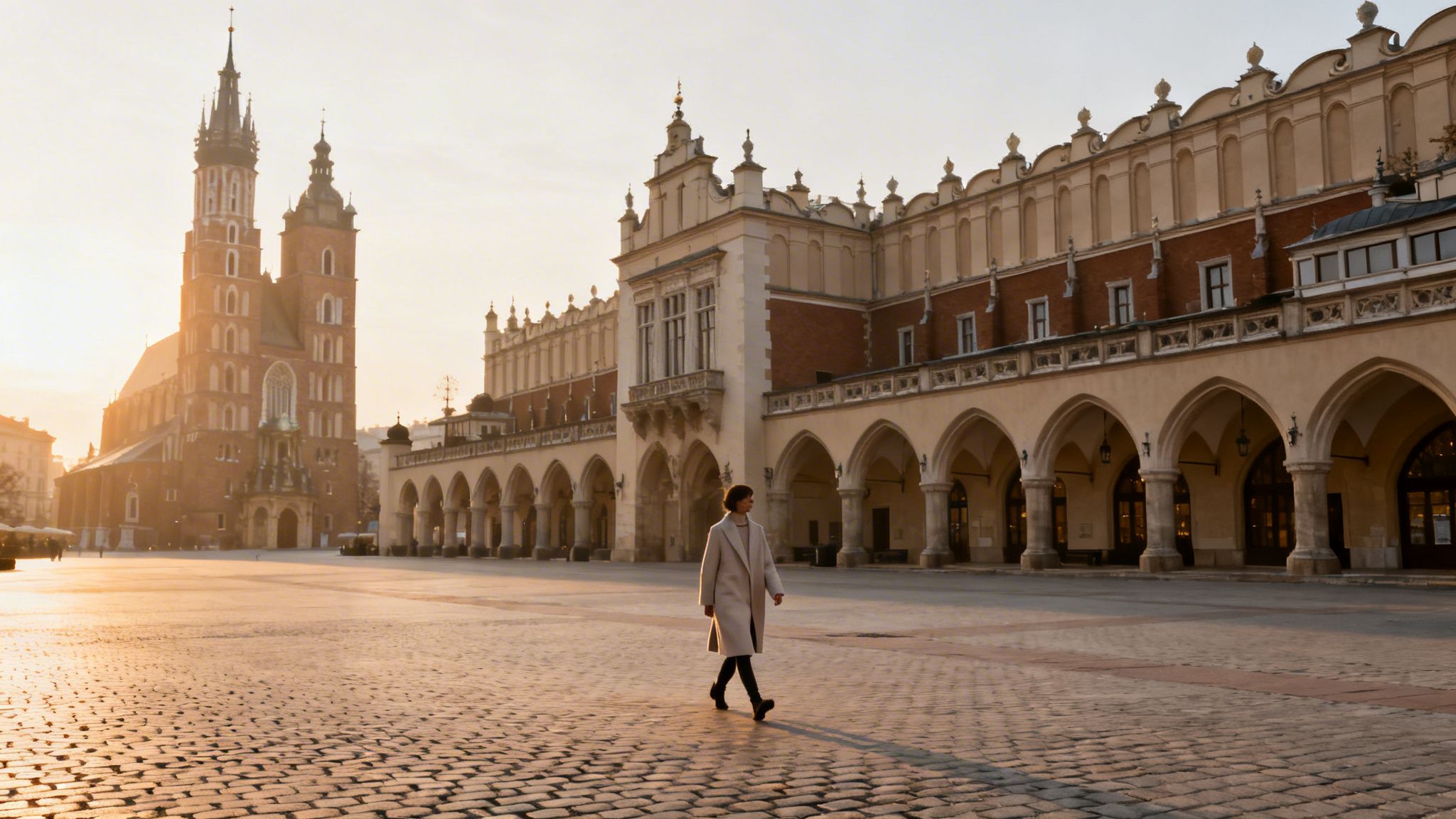 Kobieta przechodzi przez brukowany rynek w Krakowie, z Bazyliką Mariacką i Sukiennicami w tle o wschodzie słońca.