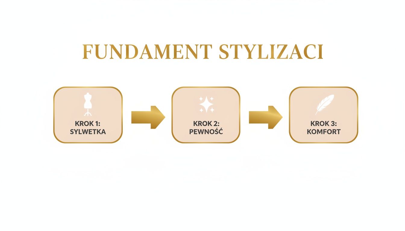 Schemat przedstawiający trzy kluczowe kroki do udanej stylizacji: sylwetka, pewność siebie i komfort.