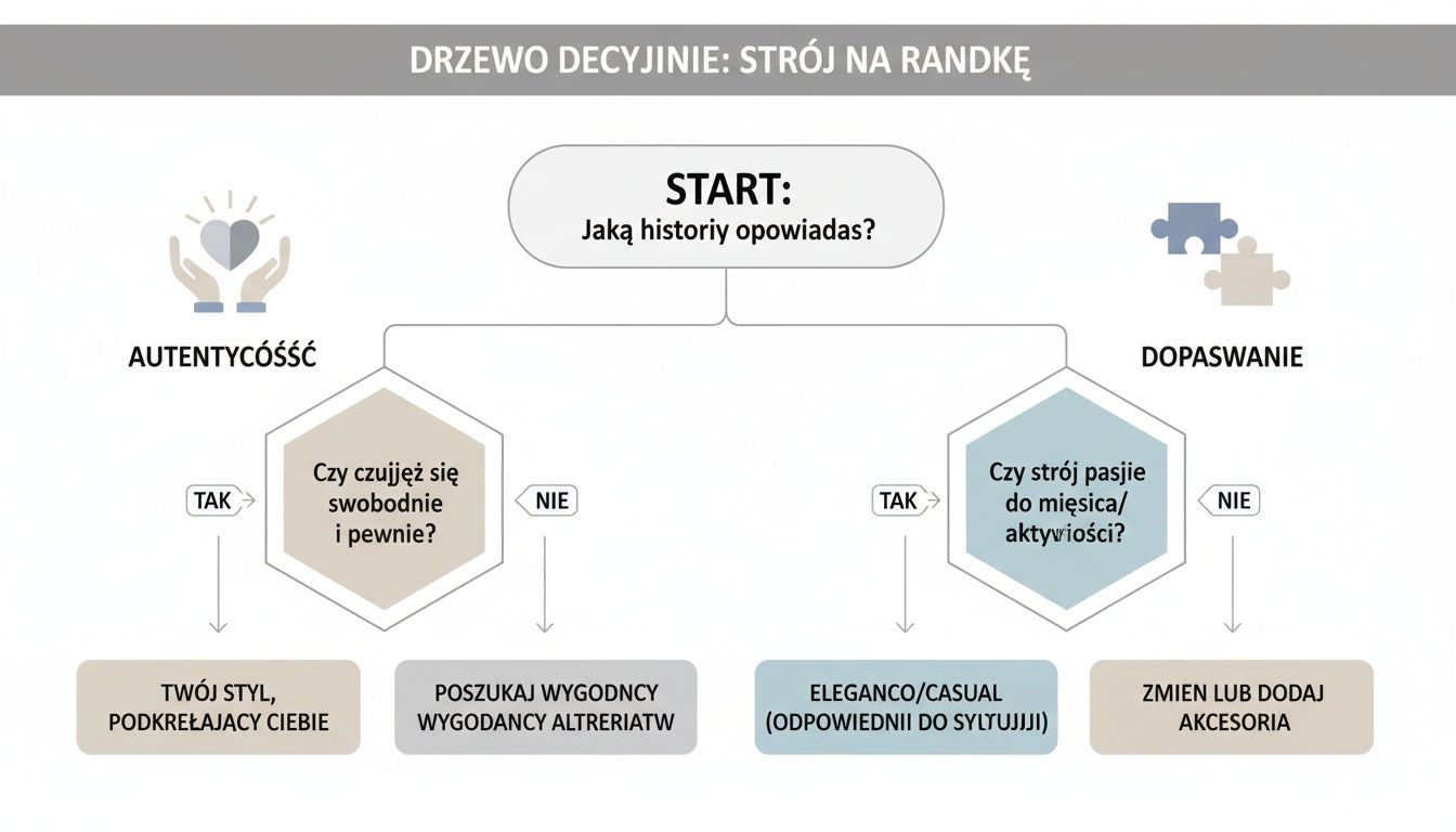 Drzewo decyzyjne pomaga wybrać strój na randkę, skupiając się na autentyczności i dopasowaniu do okazji.
