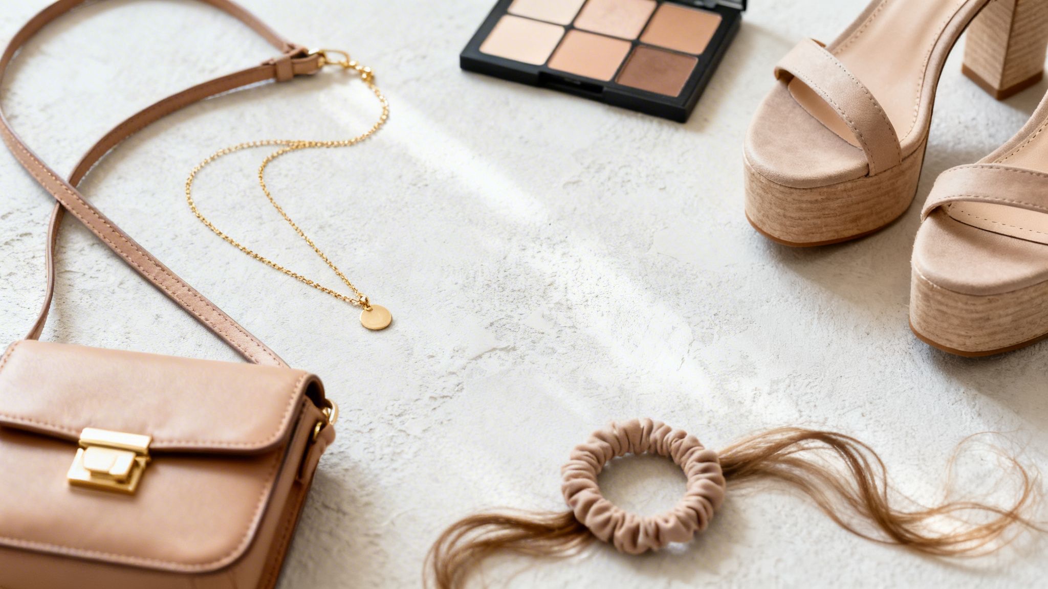 Zgrupowane akcesoria modowe i kosmetyki w neutralnych kolorach, w tym beżowa torebka, naszyjnik, paleta cieni, sandały i gumka do włosów.
