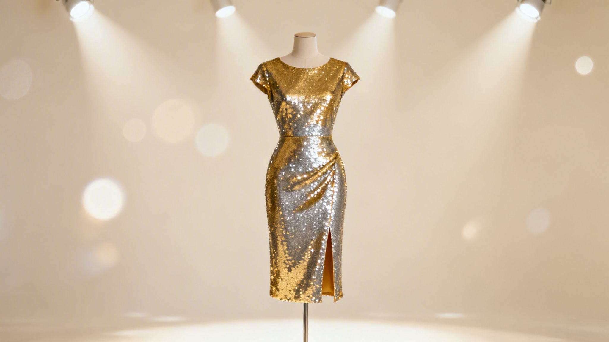 Złota i srebrna cekinowa sukienka na manekinie, oświetlona reflektorami, z efektem bokeh w tle.