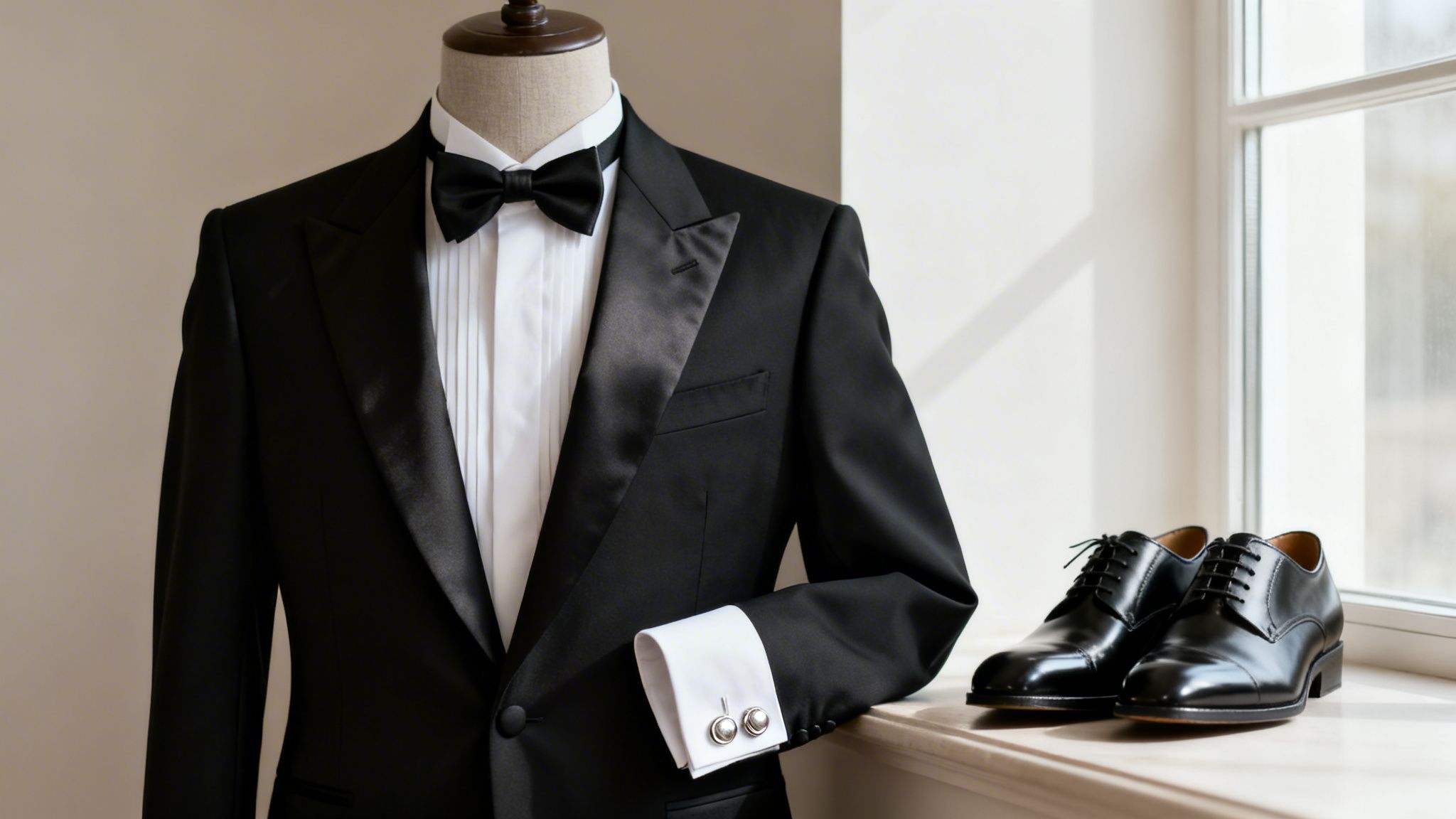 Czarny smoking na manekinie z białą koszulą i muszką. Eleganckie czarne buty męskie stoją na parapecie.
