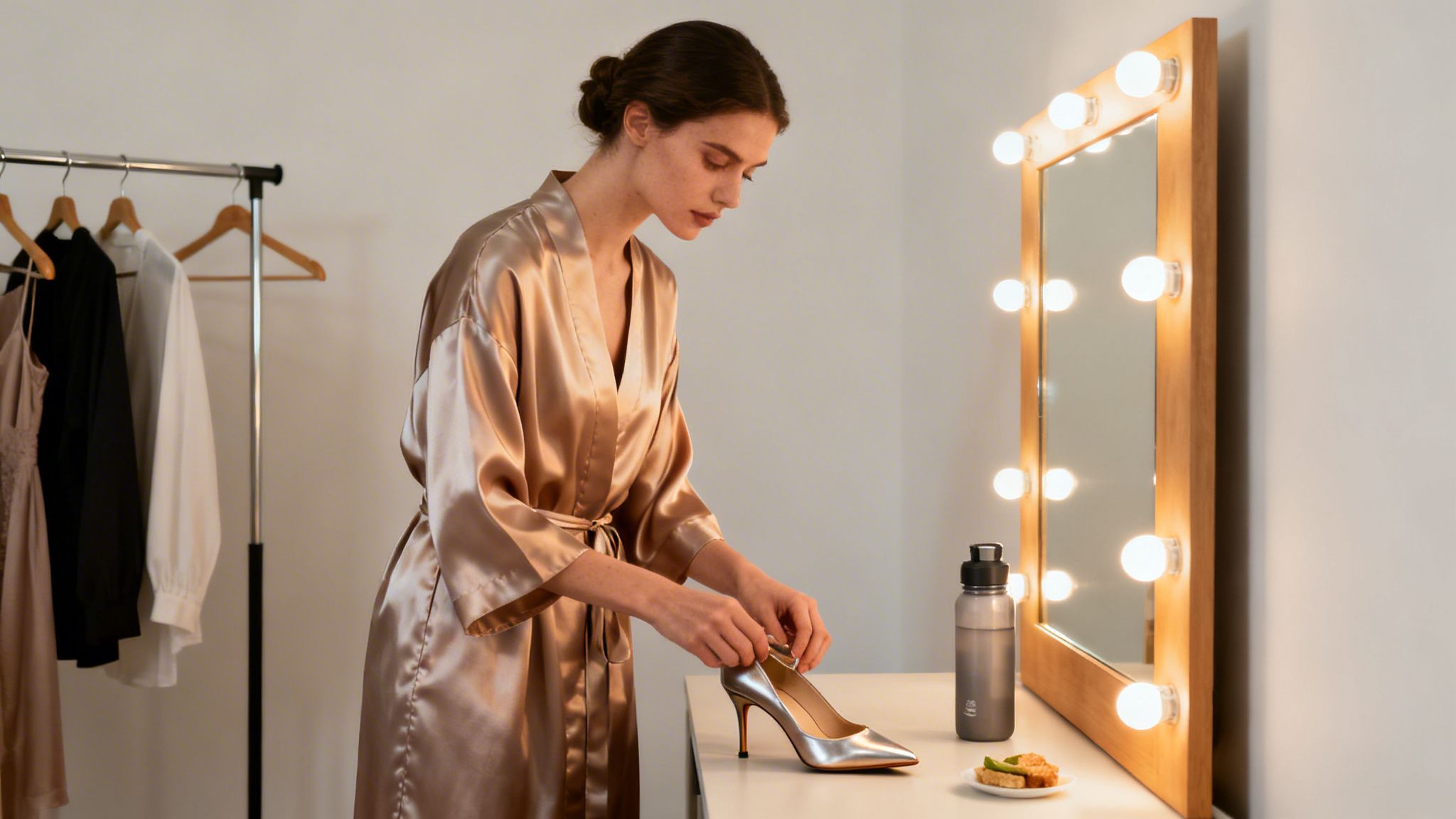 Elegancka kobieta w satynowym szlafroku przygotowuje się, zakładając srebrne szpilki przed lustrem z żarówkami.