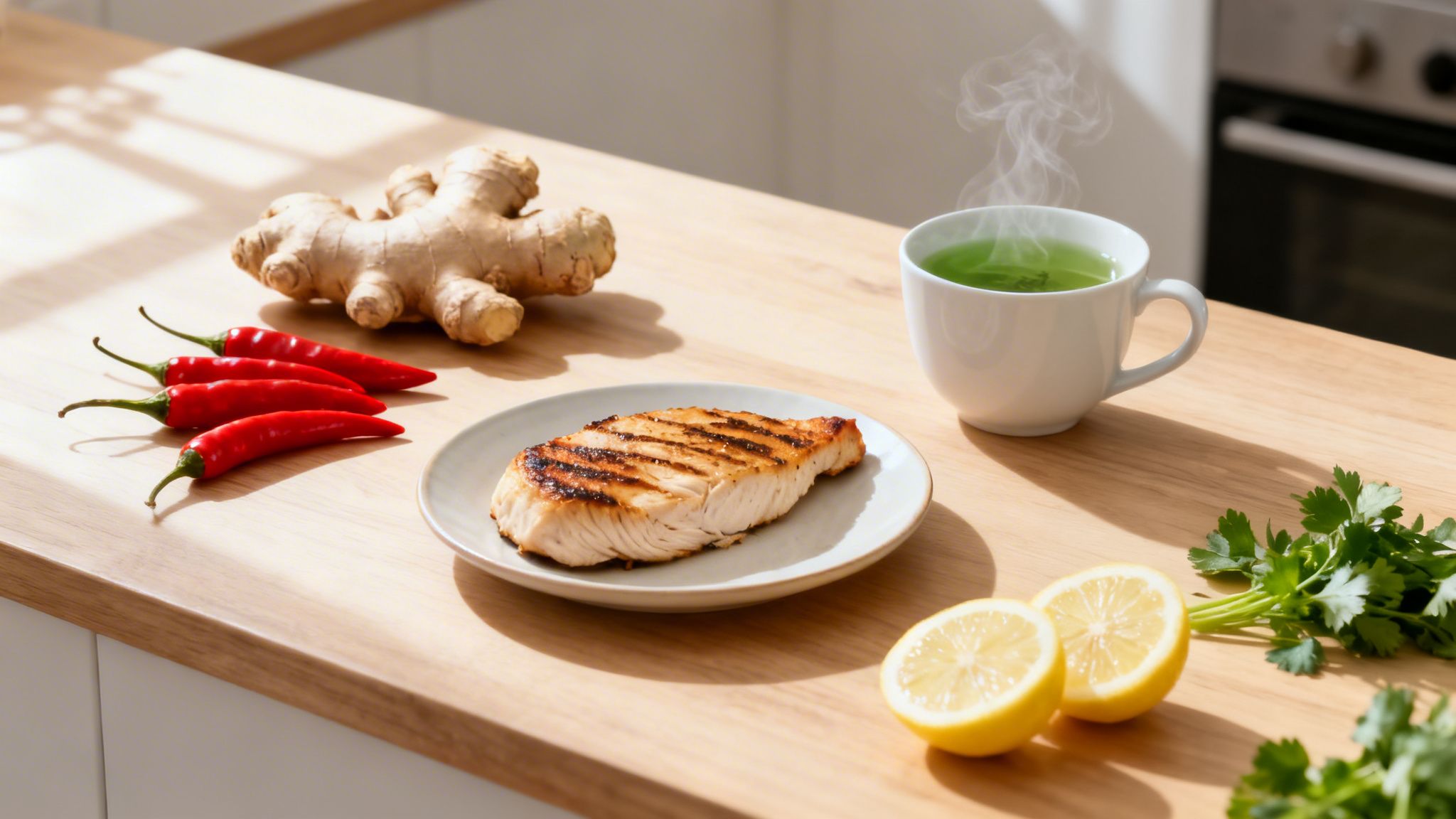 Zdjęcie zdrowego posiłku: grillowana ryba, zielona herbata, imbir, papryczki chili, cytryna i pietruszka na drewnianym blacie kuchennym.