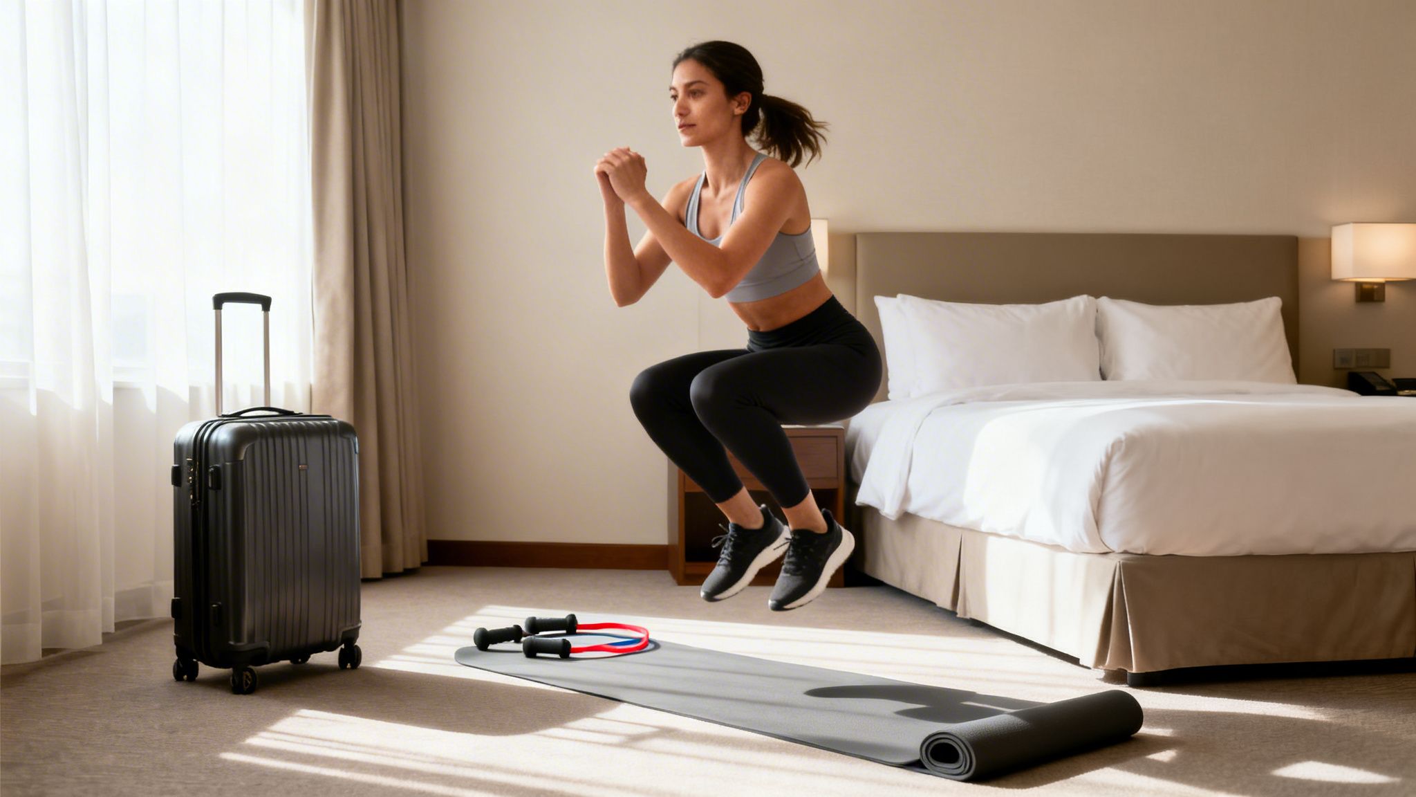 Młoda kobieta w stroju sportowym wykonuje wyskok w pokoju hotelowym, obok walizki i maty do ćwiczeń.