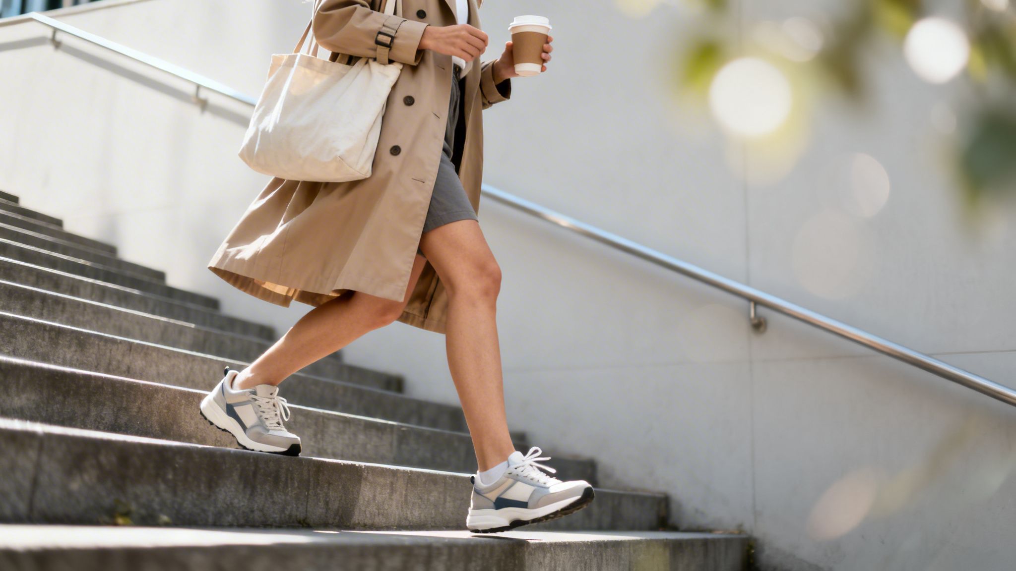 Kobieta w beżowym trenczu i sportowych butach schodzi po schodach, niosąc kawę i torbę.