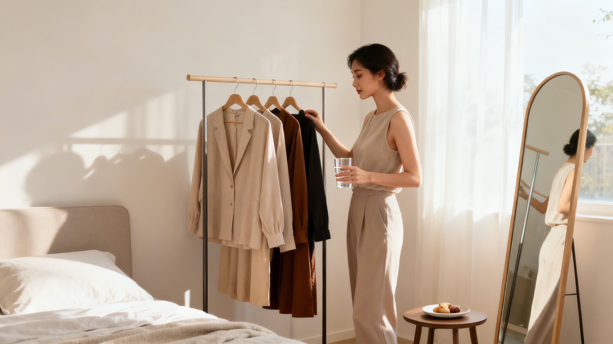 Kobieta wybierająca ubrania z minimalistycznego wieszaka w słonecznej sypialni, trzymając szklankę wody.
