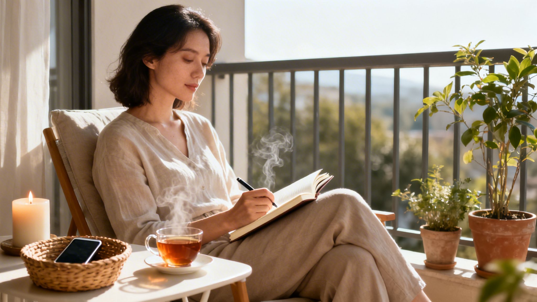 Kobieta pisząca w notatniku na balkonie, ciesząca się herbatą, świecą i słońcem.