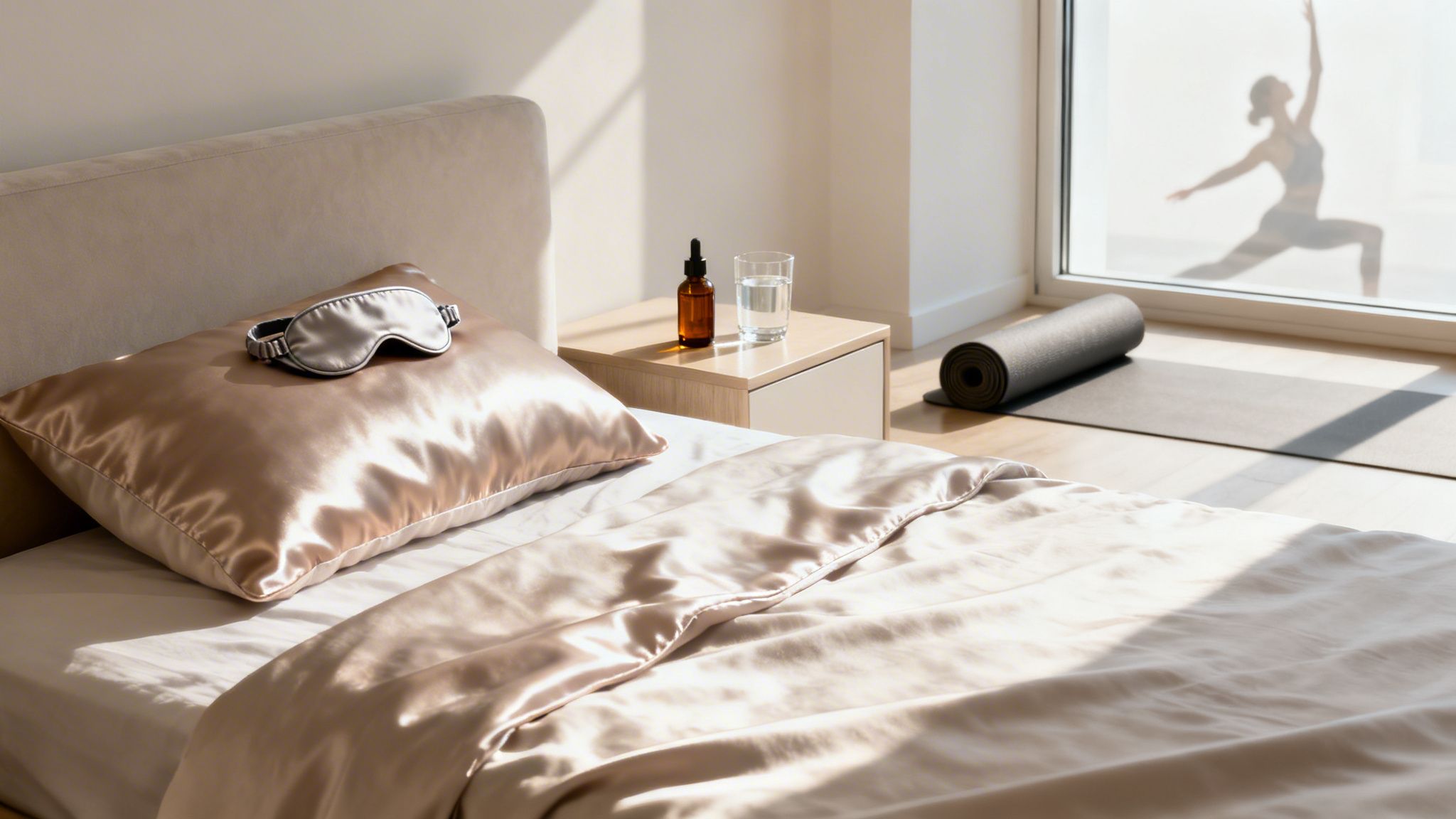 Spokojna sypialnia z łóżkiem, jedwabną pościelą, maską do spania i matą do jogi, symbolizująca dbanie o siebie.