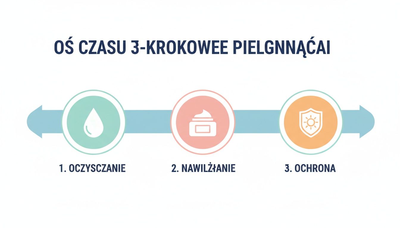 Oś czasu przedstawiająca 3-etapową pielęgnację skóry: oczyszczanie, nawilżanie i ochronę.