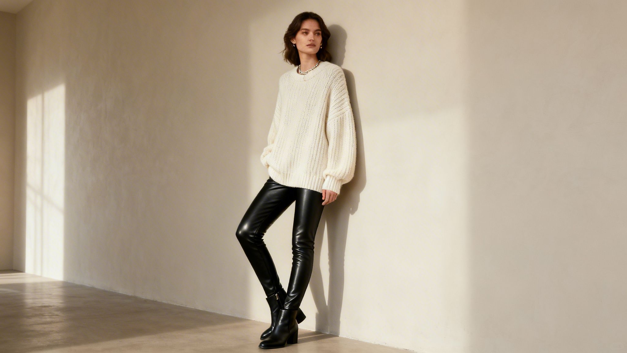 Kobieta w grubym, kremowym swetrze, czarnych skórzanych spodniach i botkach, opiera się o ścianę.