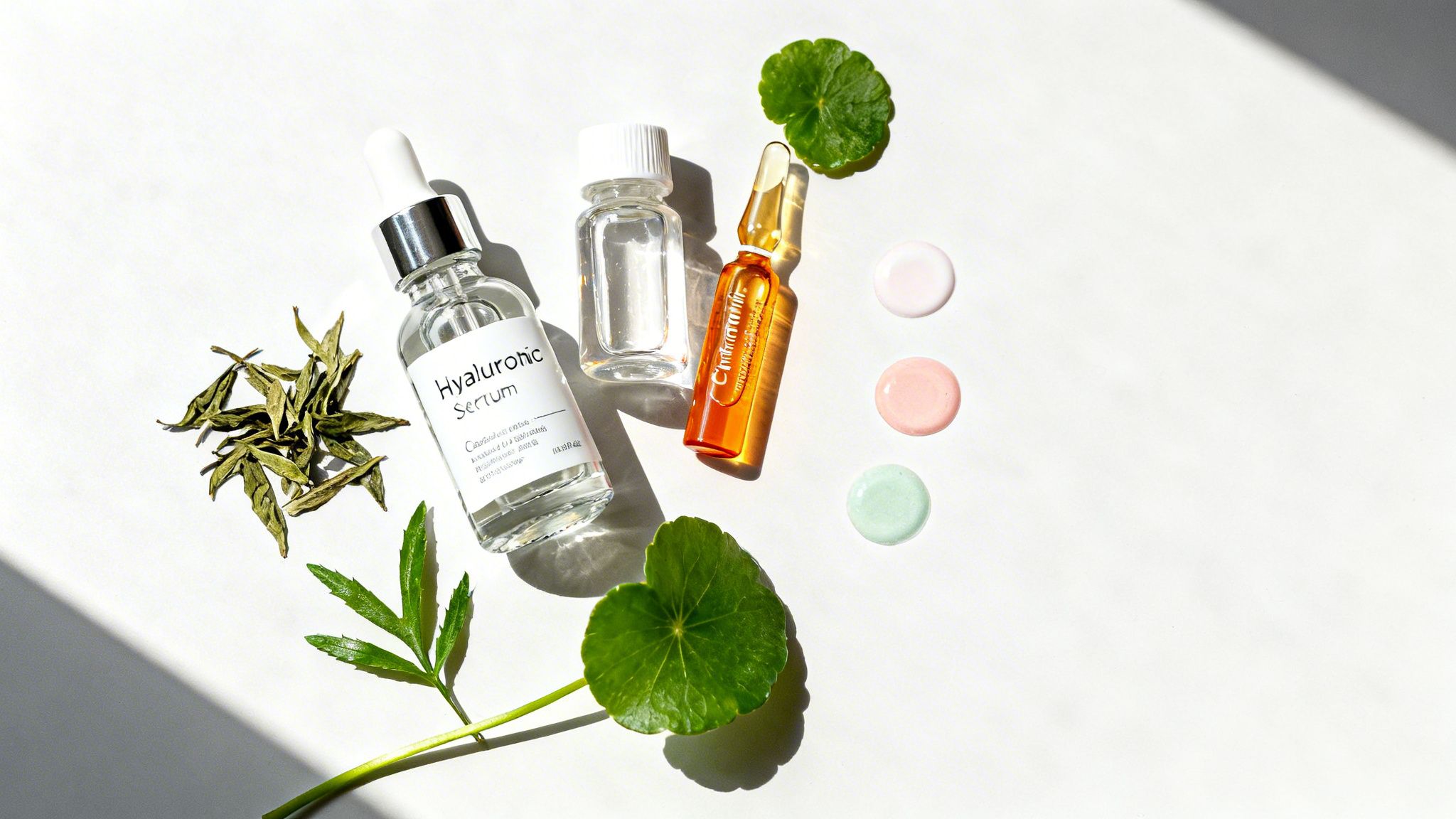 Produkty do pielęgnacji skóry, w tym serum i ampułka, z naturalnymi liśćmi oraz próbkami kremów na białym tle.