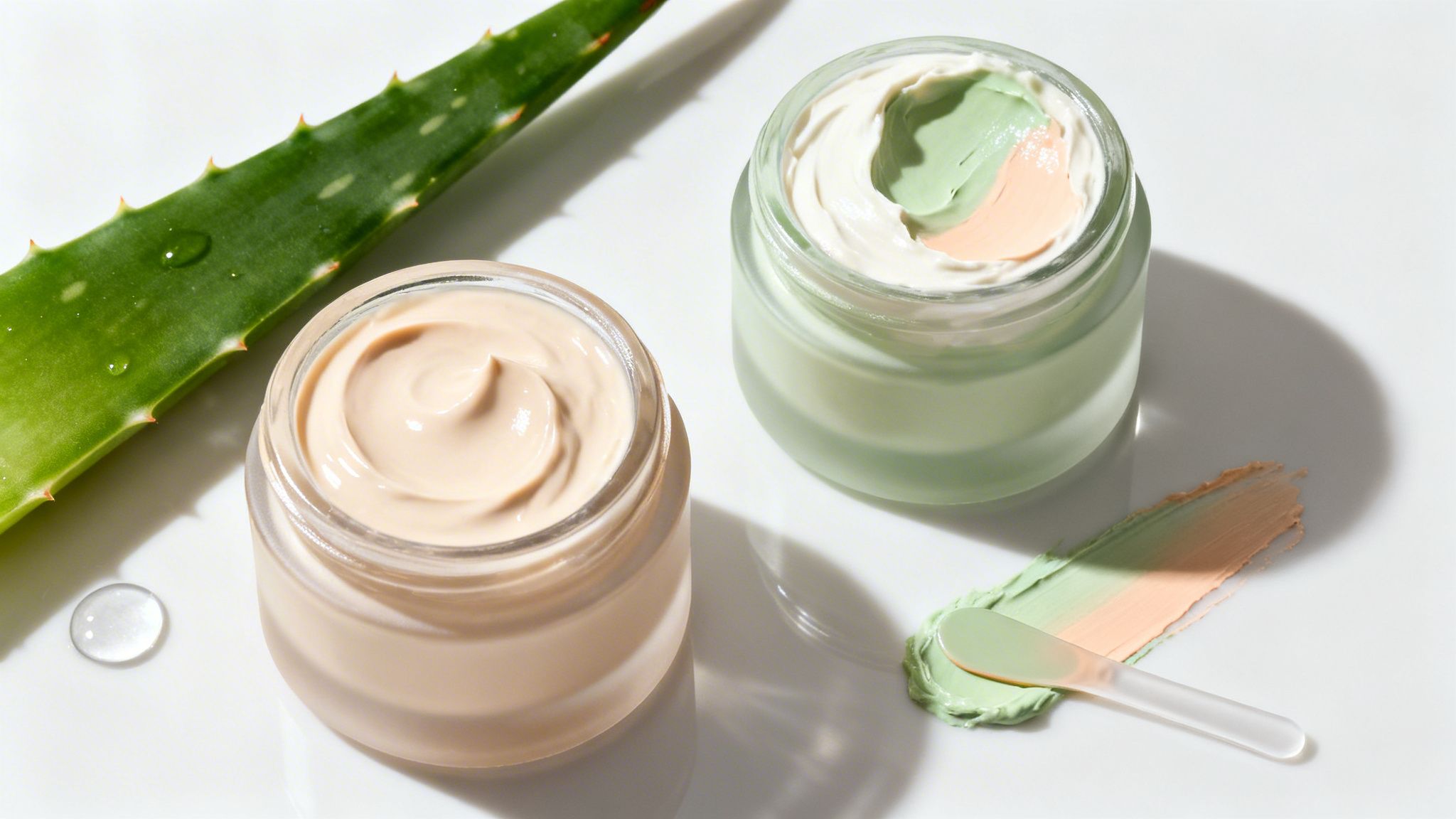 Dwa słoiki kremów kosmetycznych, liść aloesu i szpatułka z kolorowymi swatches na białym tle.