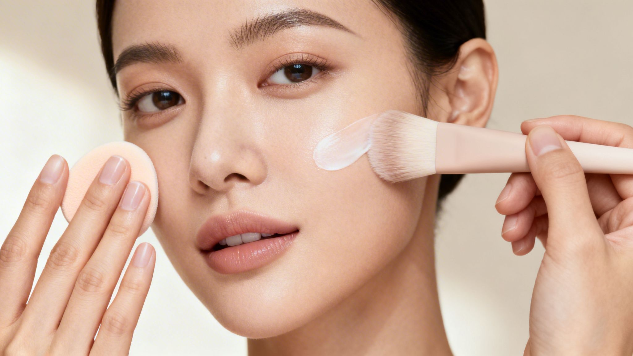 Kobieta nakłada produkt do makijażu na policzek pędzlem, trzymając gąbkę do podkładu.