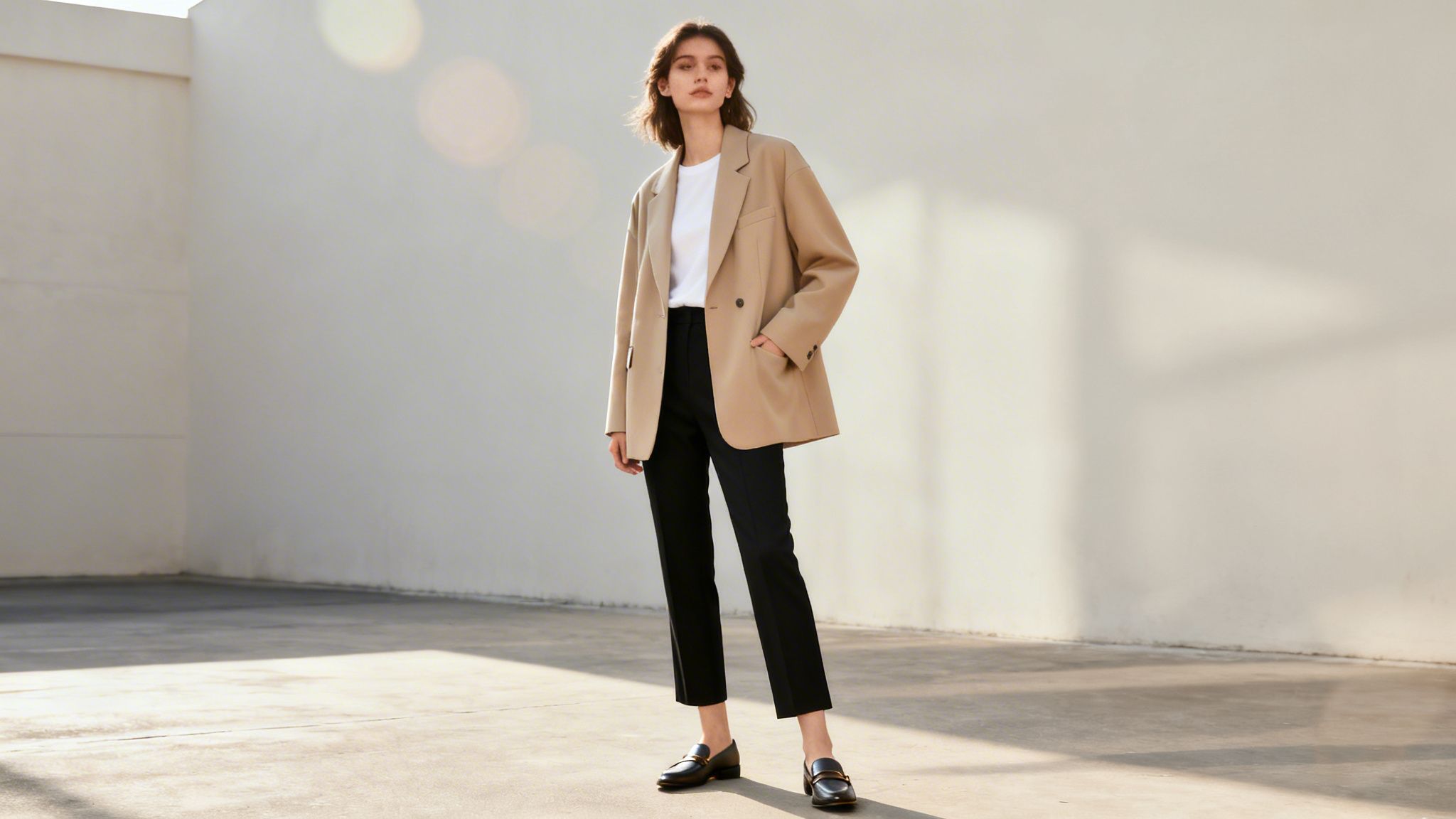 Kobieta w beżowej marynarce, białym T-shircie i czarnych spodniach pozuje na tle jasnej ściany. Ma na sobie modne, ciemne mokasyny.