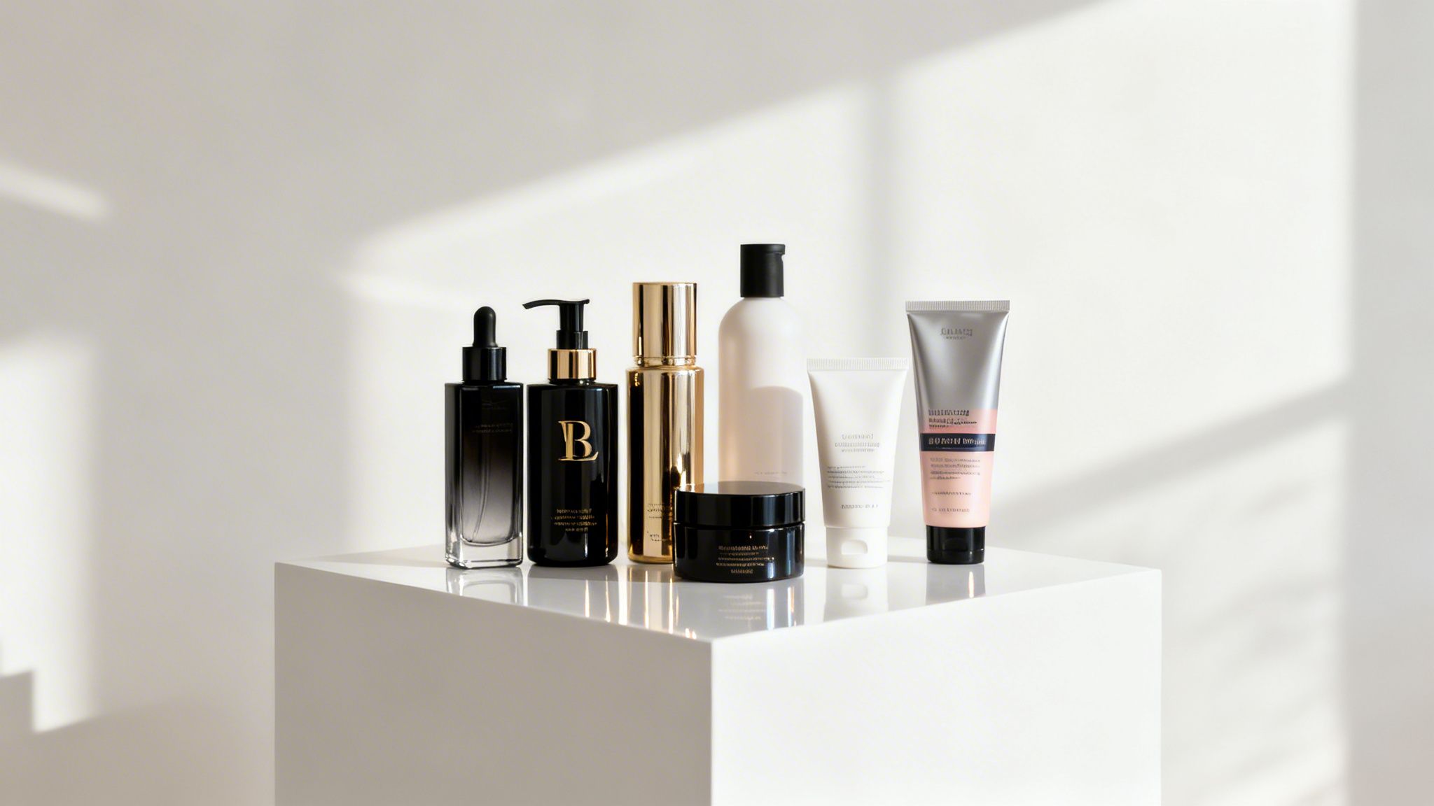 Różnorodne butelki, słoiki i tubki kosmetyków do pielęgnacji i stylizacji włosów na białym tle.