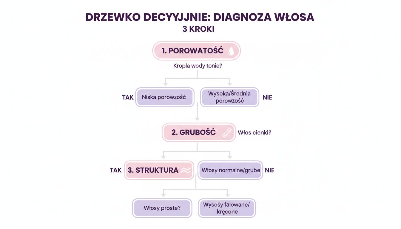 Schemat drzewa decyzyjnego do diagnozy włosów, obejmujący porowatość, grubość i strukturę w trzech krokach.