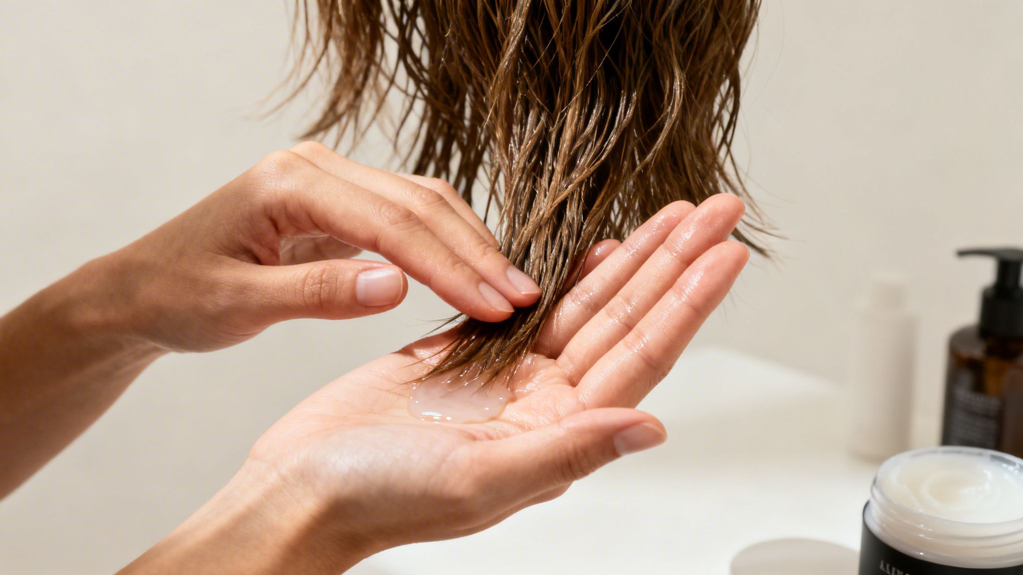 Ręce delikatnie nakładające odżywkę lub maskę na mokre, brązowe włosy, w tle butelki z produktami do pielęgnacji.