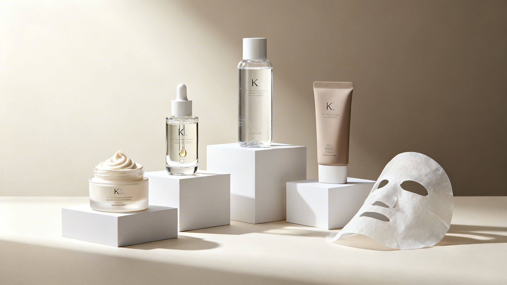 Zestaw koreańskich kosmetyków do pielęgnacji skóry, w tym serum, tonik, krem i maska w płachcie, na białych postumentach.