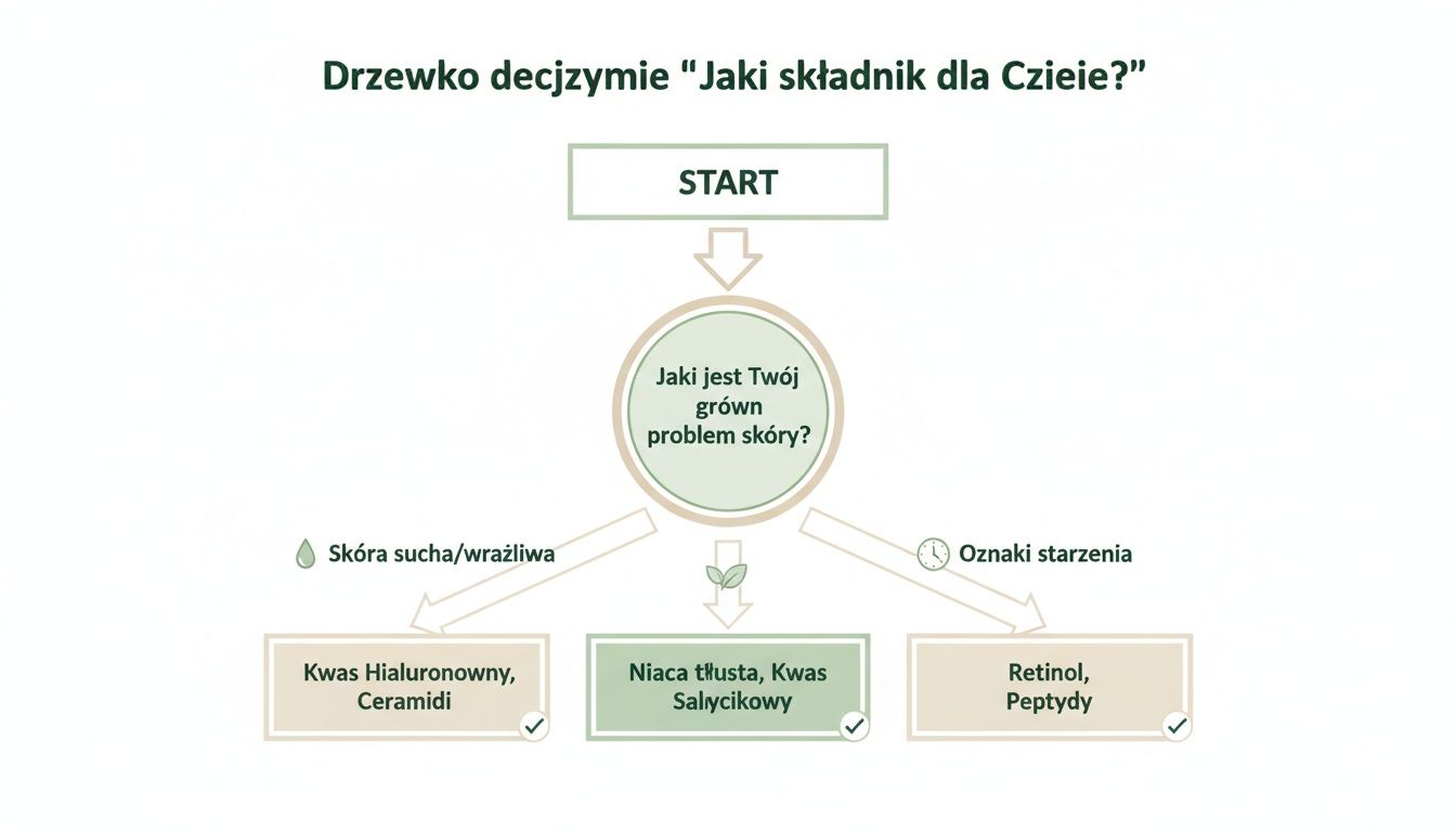 Drzewko decyzyjne dotyczące wyboru składników kosmetycznych w zależności od problemu skóry: sucha, tłusta lub oznaki starzenia.