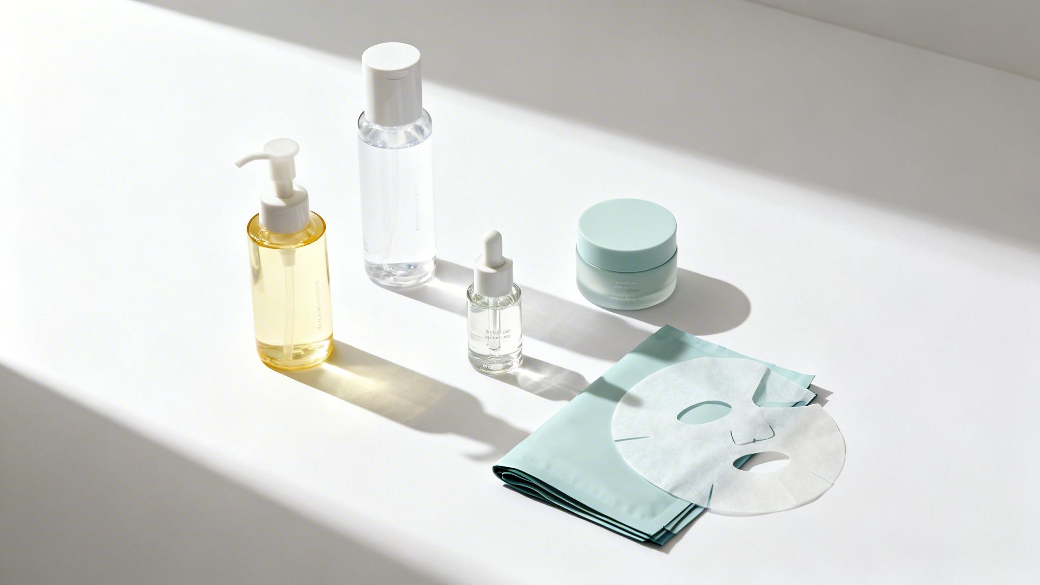 Minimalistyczna kompozycja produktów do pielęgnacji skóry: olejek, tonik, serum, krem i maseczki.