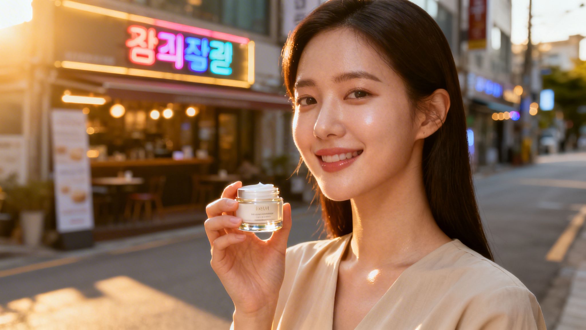 Uśmiechnięta kobieta prezentuje słoiczek kremu nawilżającego na tle koreańskiej ulicy o zachodzie słońca.
