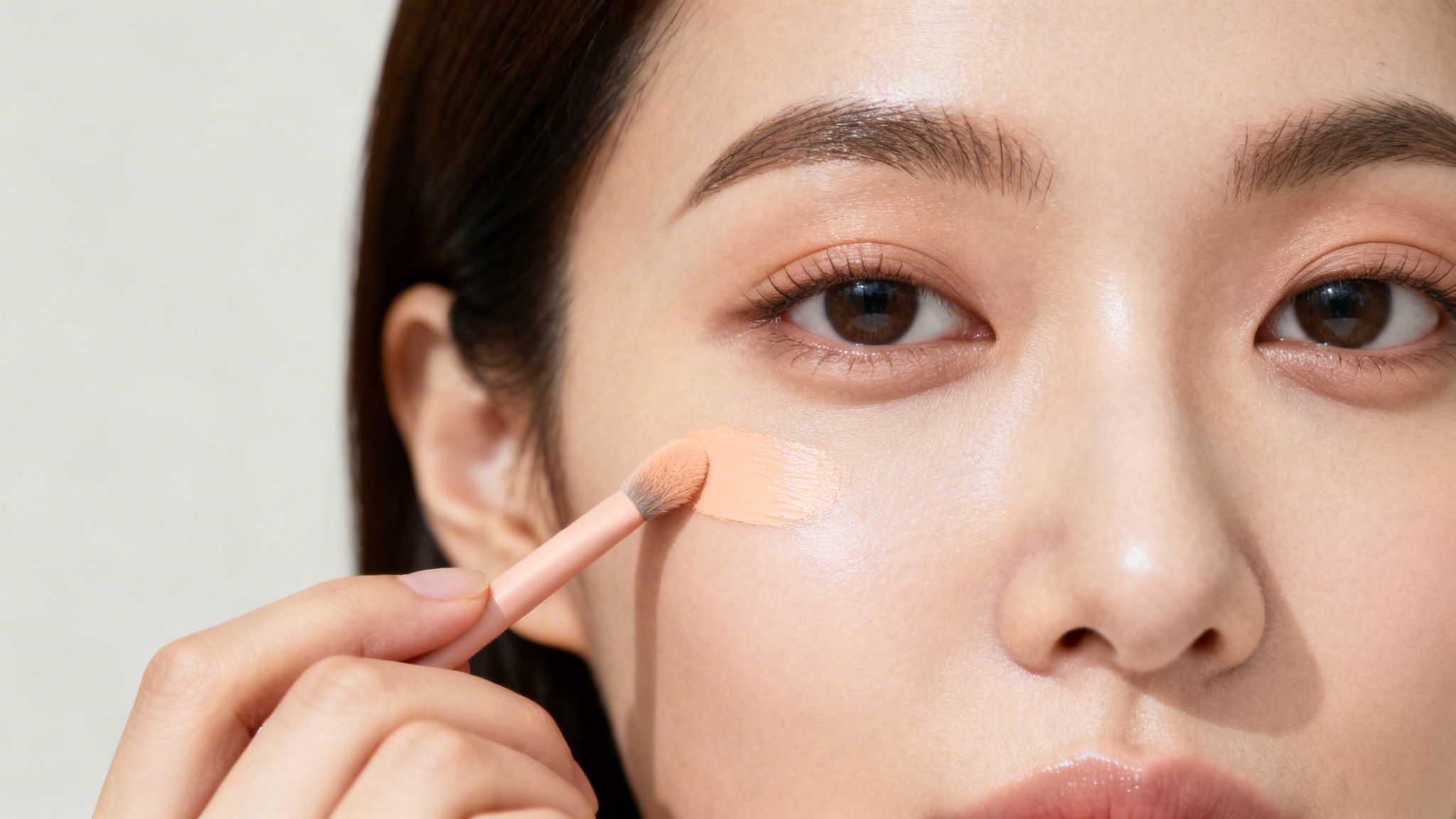 Kobieta nakładająca korektor pod prawe oko za pomocą pędzla, podkreślająca makijaż twarzy.