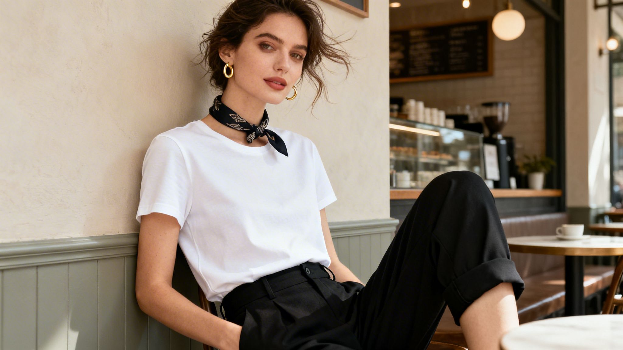 Młoda kobieta w białej koszulce, czarnych spodniach i bandanie siedzi w kawiarni, patrząc w obiektyw.