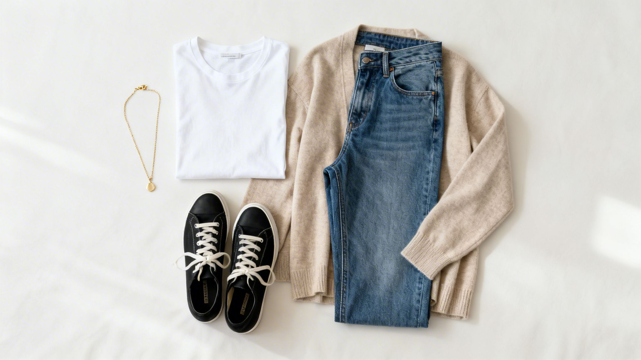 Modna, codzienna stylizacja typu flat lay: biały t-shirt, beżowy kardigan, niebieskie dżinsy, czarne trampki i złoty naszyjnik.