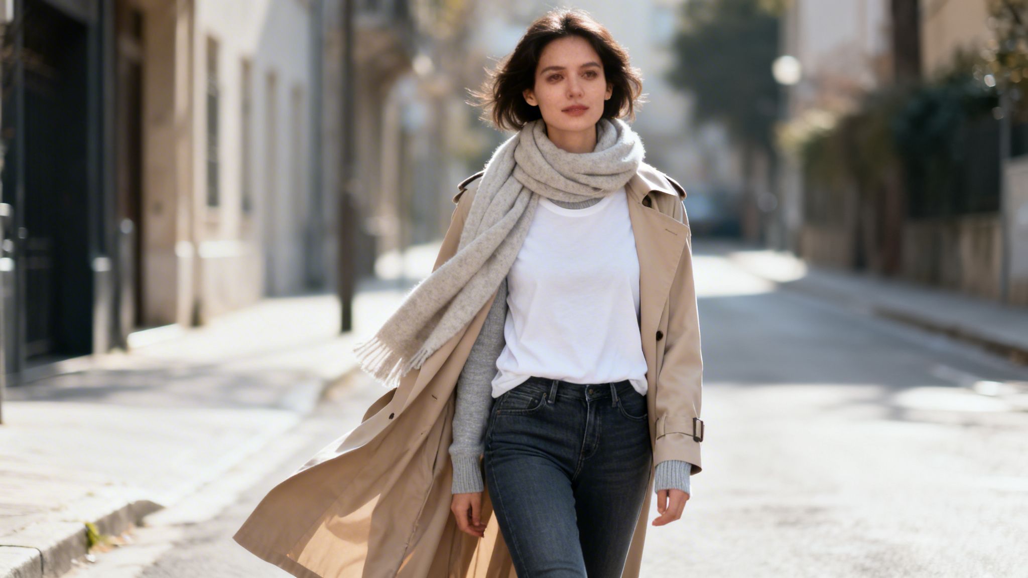 Młoda kobieta w beżowym trenczu, jasnoszarym szaliku i jeansach spaceruje słoneczną ulicą miasta.