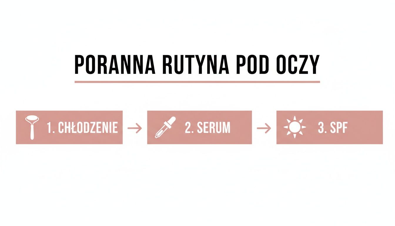 Infografika przedstawiająca poranną rutynę pielęgnacji skóry pod oczami: chłodzenie, serum i SPF.