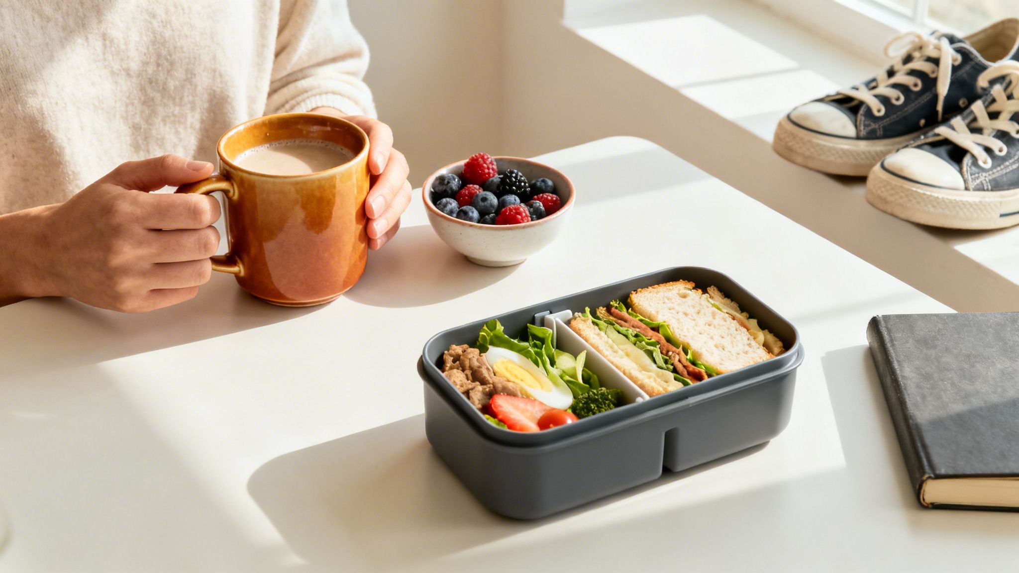 Osoba trzyma kubek z kawą, obok stoi pojemnik z zdrowym lunchem i miska pełna jagód na stole.
