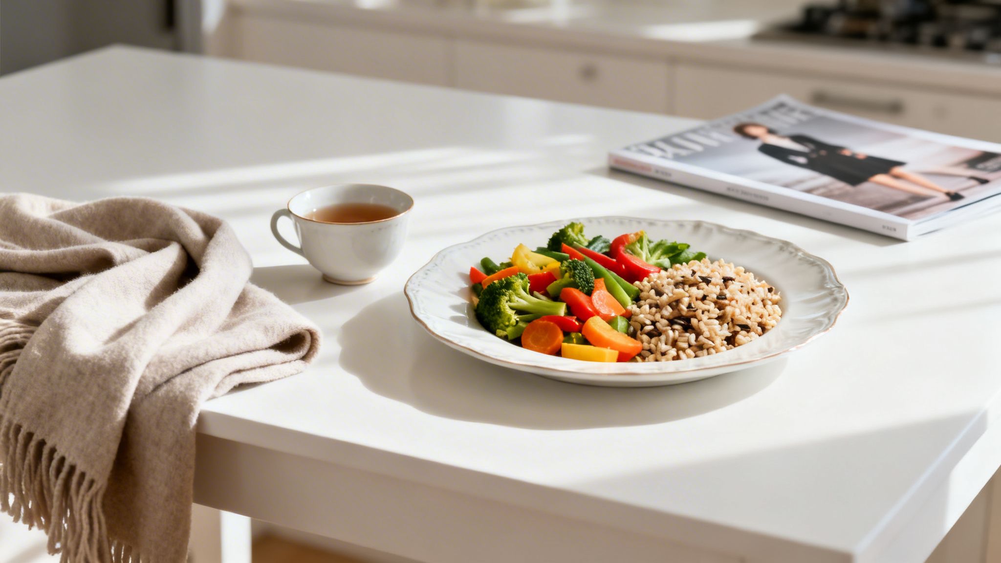 Zdrowy posiłek z ryżem i warzywami, filiżanka herbaty i koc na białym stole w słońcu.