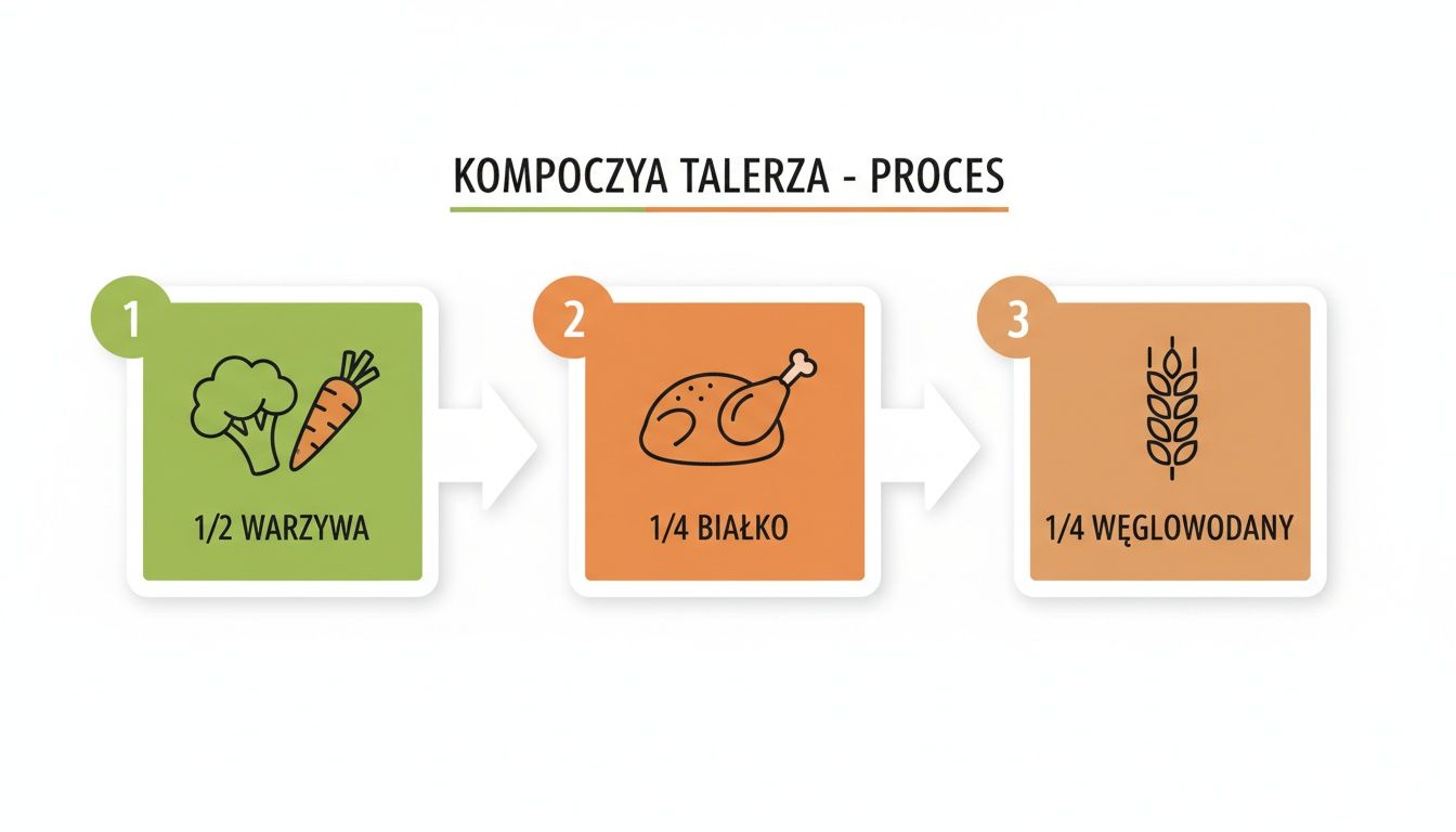 Infografika przedstawiająca proces komponowania zdrowego talerza, z podziałem na warzywa, białko i węglowodany.