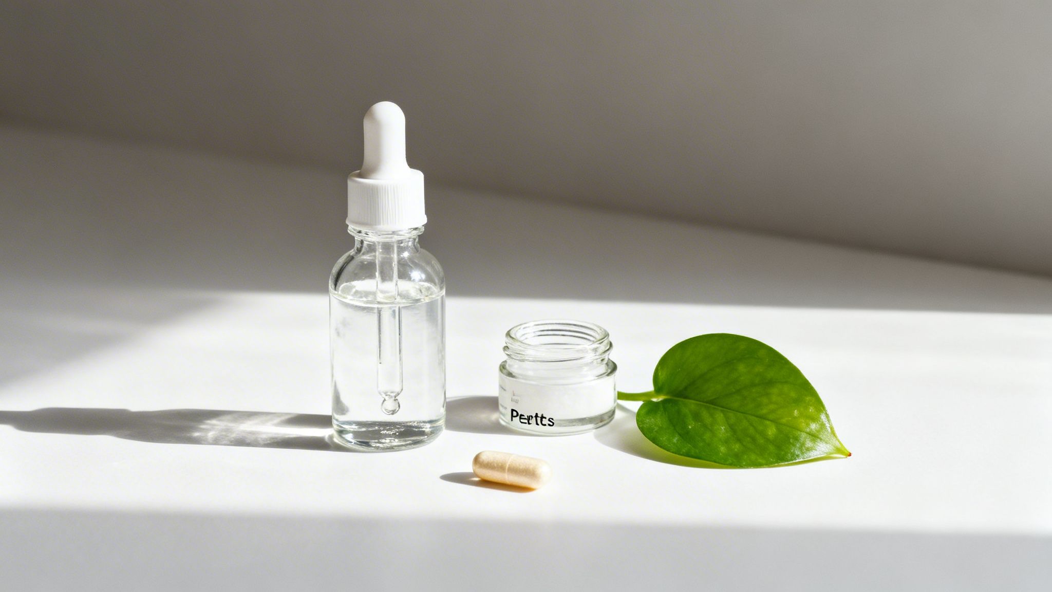 Na białym tle widoczne są produkty do pielęgnacji skóry: serum, krem, suplement i zielony liść.