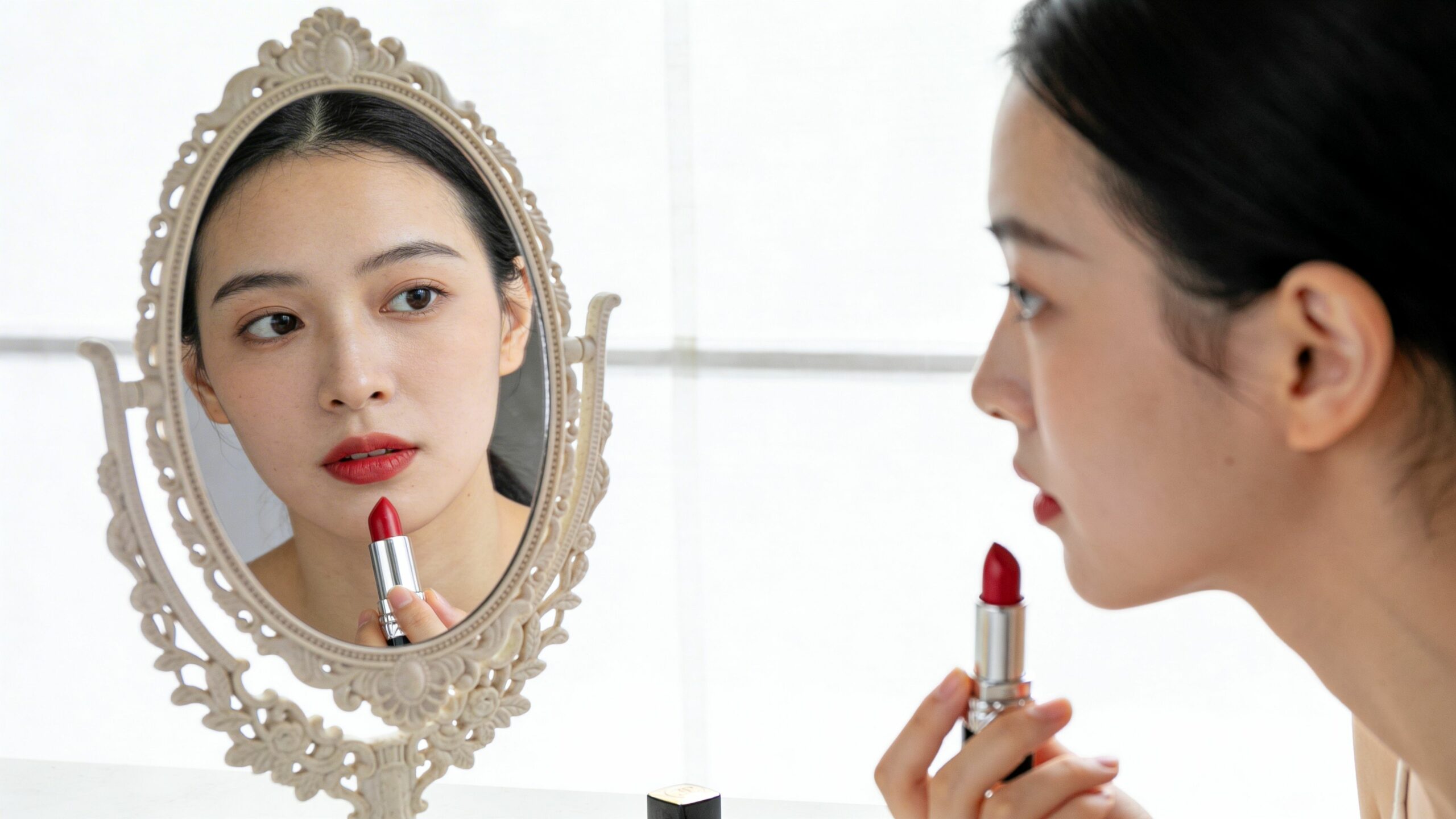 Młoda kobieta wpatruje się w owalne lustro, precyzyjnie nakładając czerwoną szminkę na usta podczas porannej rutyny makijażowej.