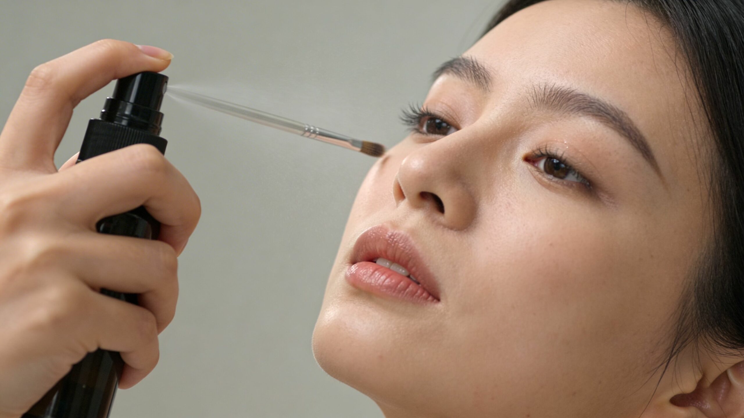 Kobieta nanosi mgiełkę utrwalającą na pędzel do makijażu, aby przygotować go do precyzyjnej aplikacji kosmetyków na twarz.