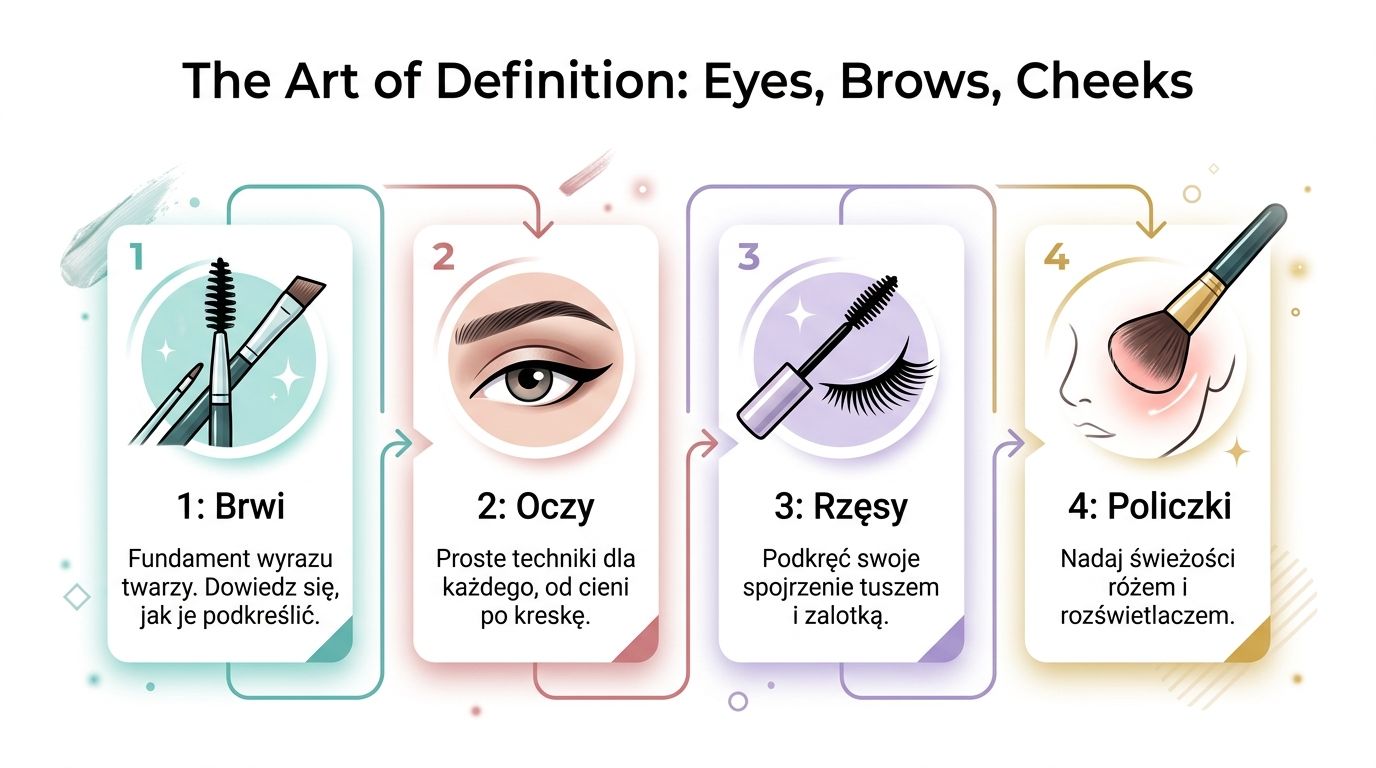Grafika przedstawiająca cztery proste kroki makijażu: brwi, oczy, rzęsy oraz policzki z krótkim opisem w języku polskim.