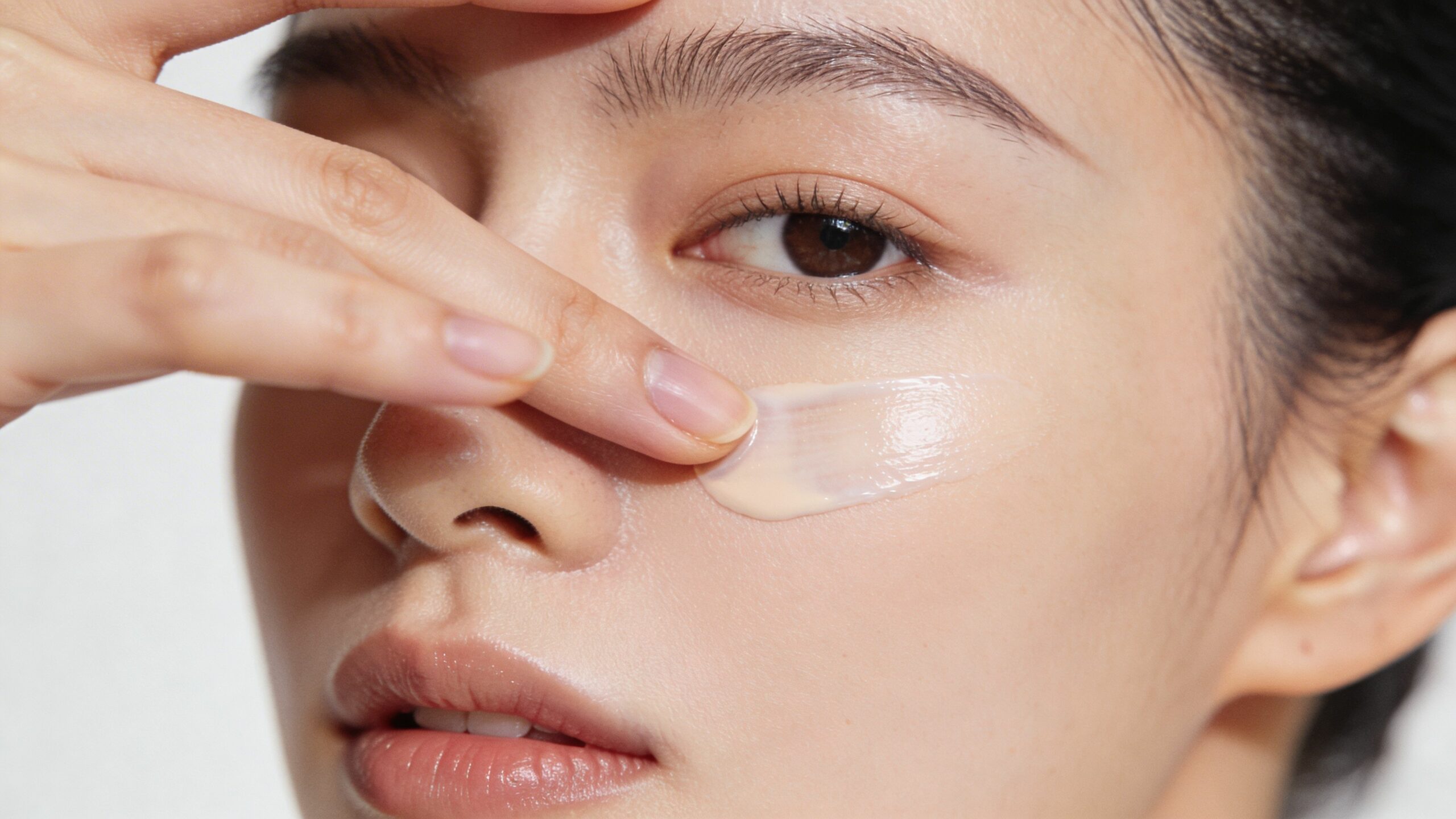 Młoda kobieta nakłada delikatny krem pod oczy lub bazę wygładzającą na skórę twarzy palcem wskazującym