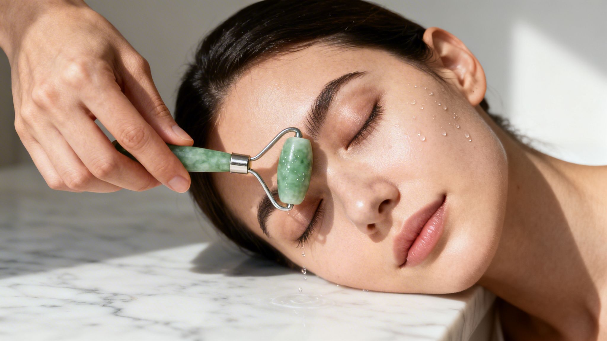 Kobieta relaksuje się z zamkniętymi oczami, podczas gdy dłoń masuje jej czoło jadeitowym wałkiem.