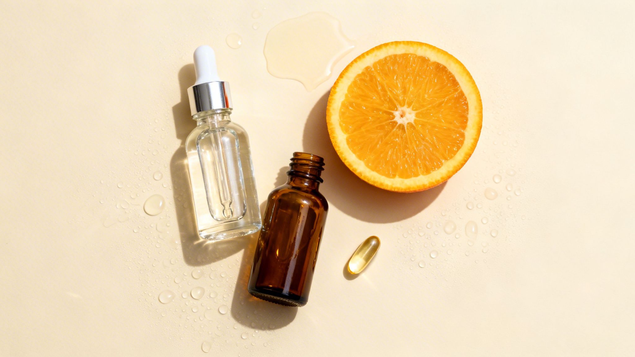 Płaska kompozycja z buteleczkami serum, połówką pomarańczy i kapsułką witaminy C na beżowym tle z kropelkami wody.