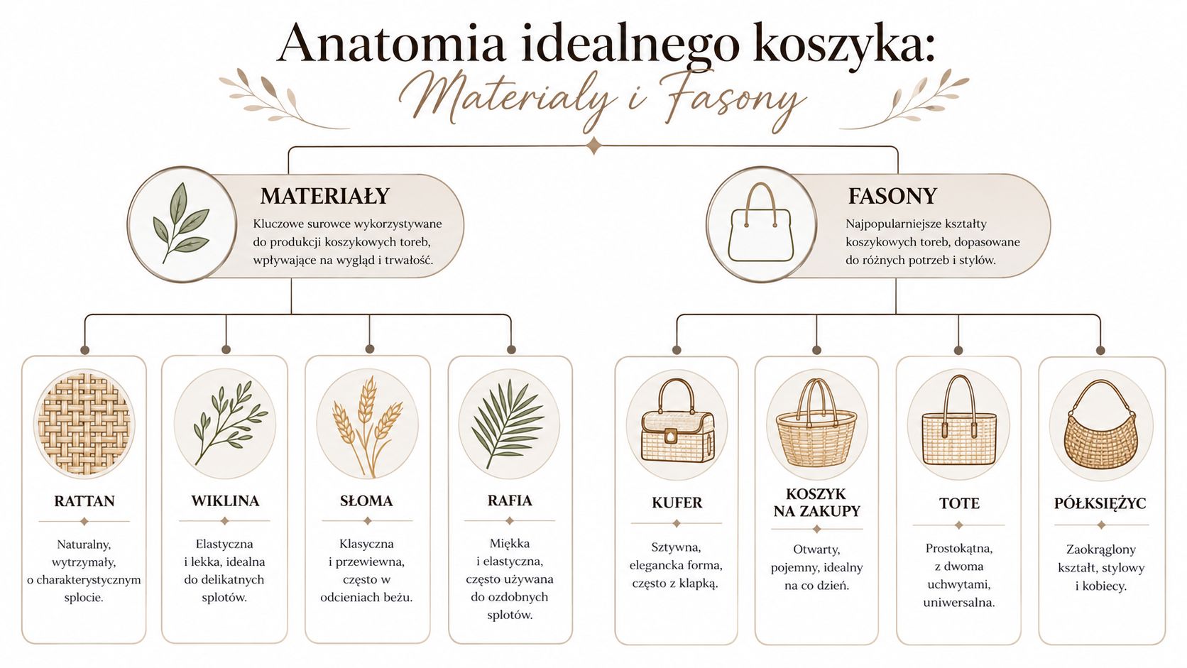 Grafika przedstawia rodzaje materiałów oraz fasonów idealnych koszykowych toreb, prezentując cechy charakterystyczne każdego z nich.