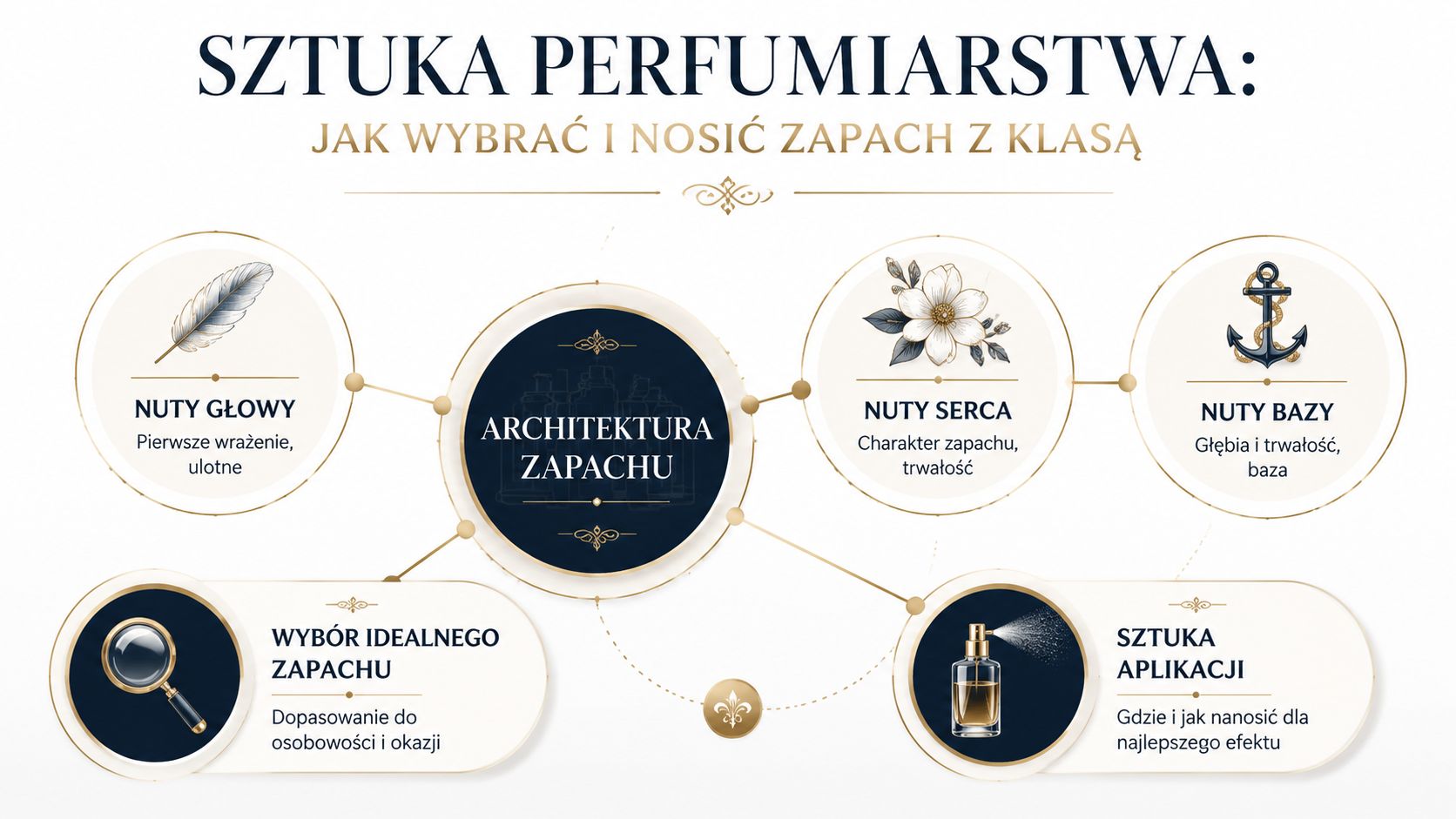 Infografika wyjaśniająca architekturę zapachu perfum, podział na nuty głowy, serca i bazy oraz zasady aplikacji zapachów.
