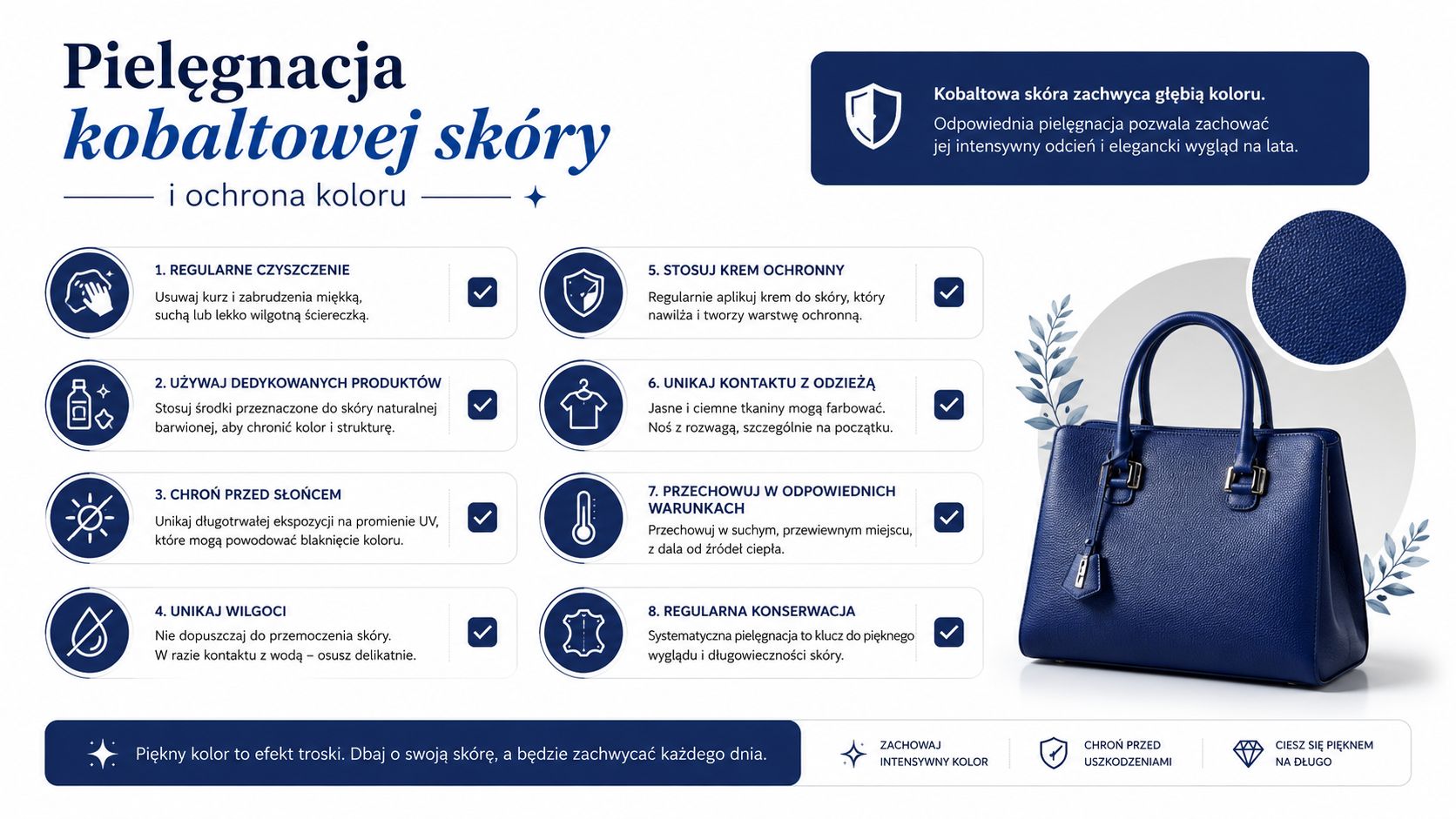 Poradnik pielęgnacji kobaltowej torebki skórzanej, zawierający osiem praktycznych wskazówek dbania o intensywny kolor i jakość skóry.
