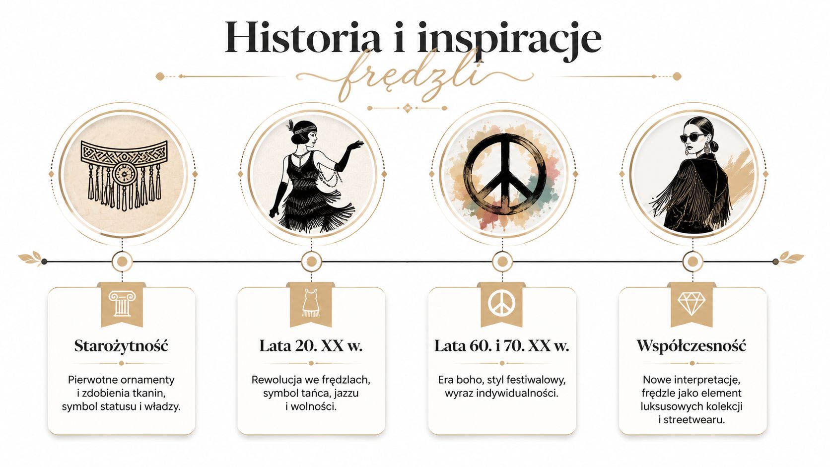 Oś czasu przedstawiająca historię i ewolucję frędzli w modzie, od starożytności po czasy współczesne.