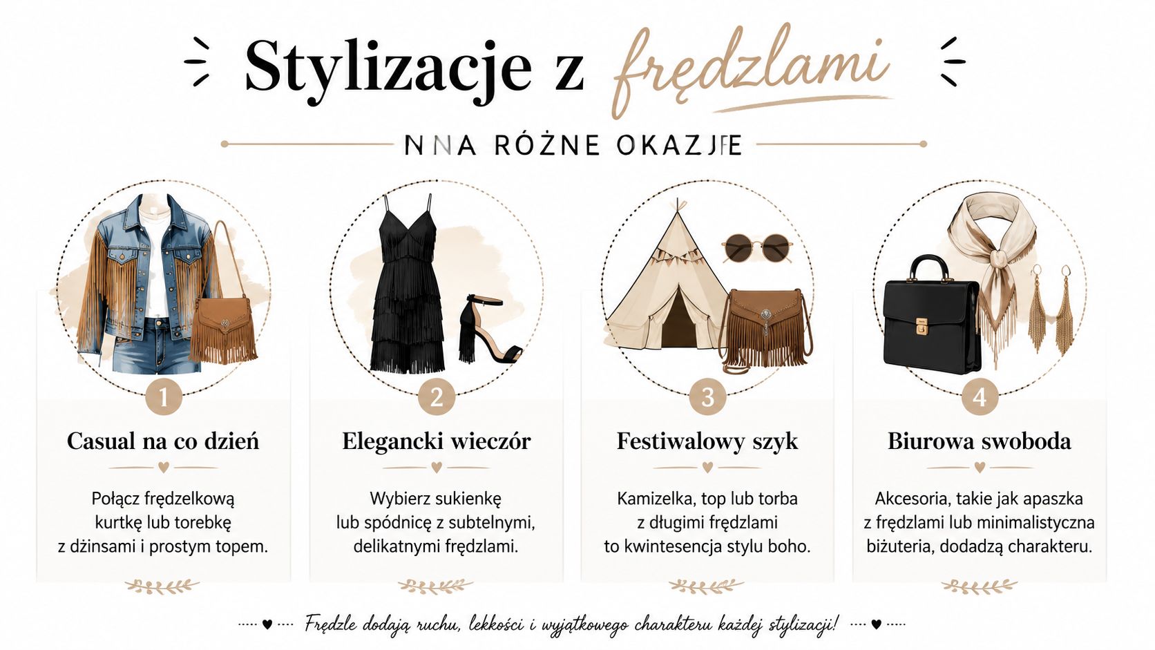 Infografika przedstawiająca cztery różne stylizacje z frędzlami, od casualowych po eleganckie, z poradami dotyczącymi mody.